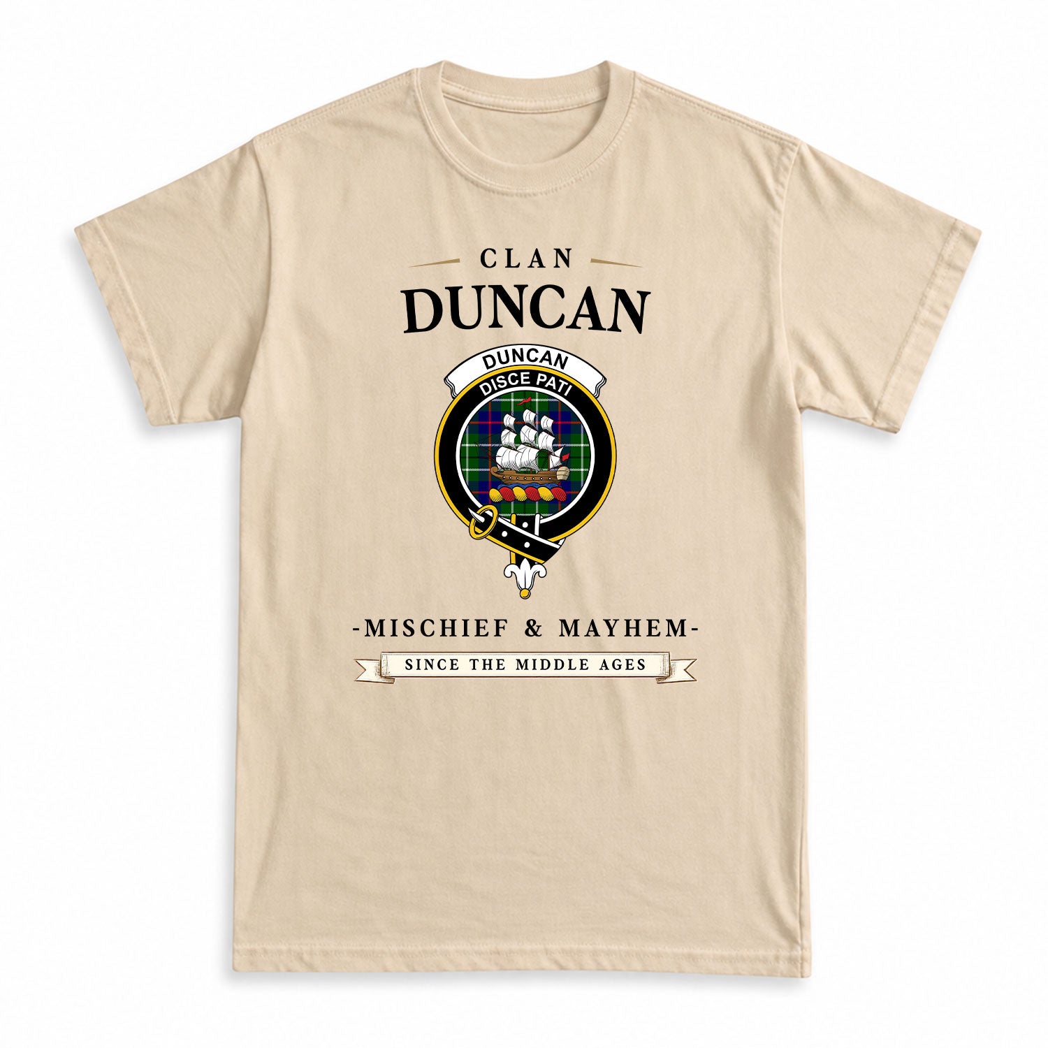 Duncan Modern Tartan Crest Mischief and Mayhem T-shirt