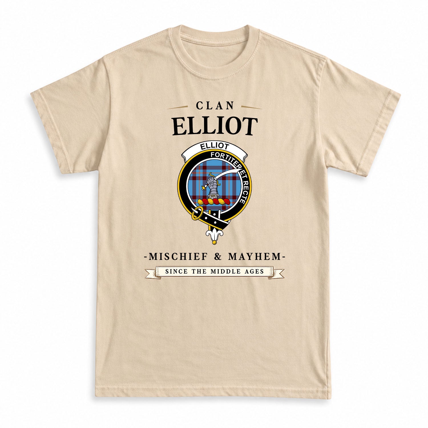 Elliot Ancient Tartan Crest Mischief and Mayhem T-shirt