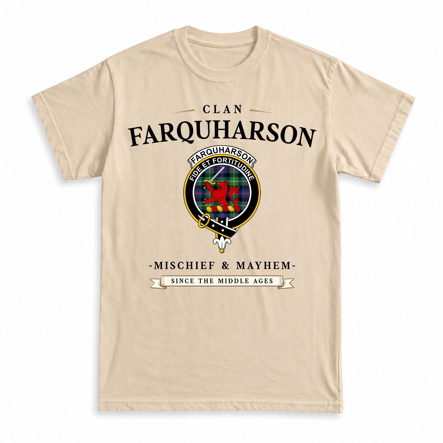 Farquharson Ancient Tartan Crest Mischief and Mayhem T-shirt