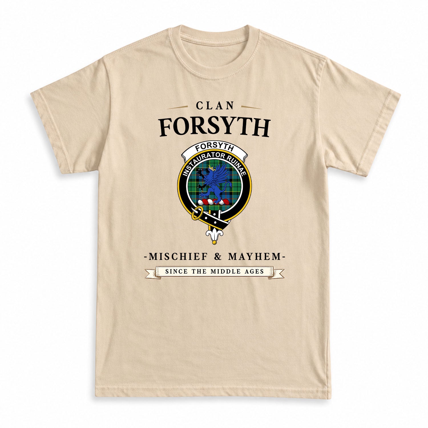 Forsyth Ancient Tartan Crest Mischief and Mayhem T-shirt