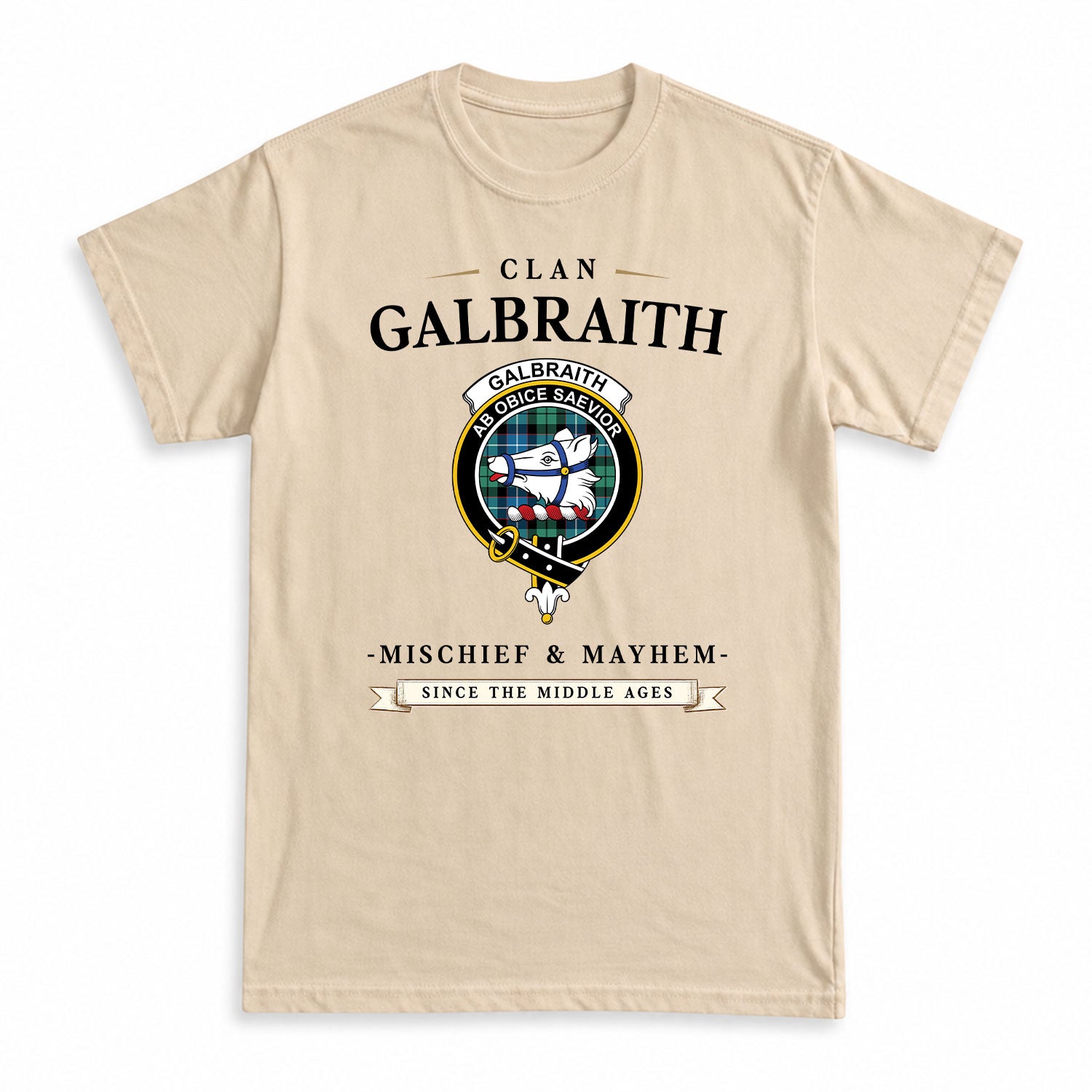 Galbraith Ancient Tartan Crest Mischief and Mayhem T-shirt