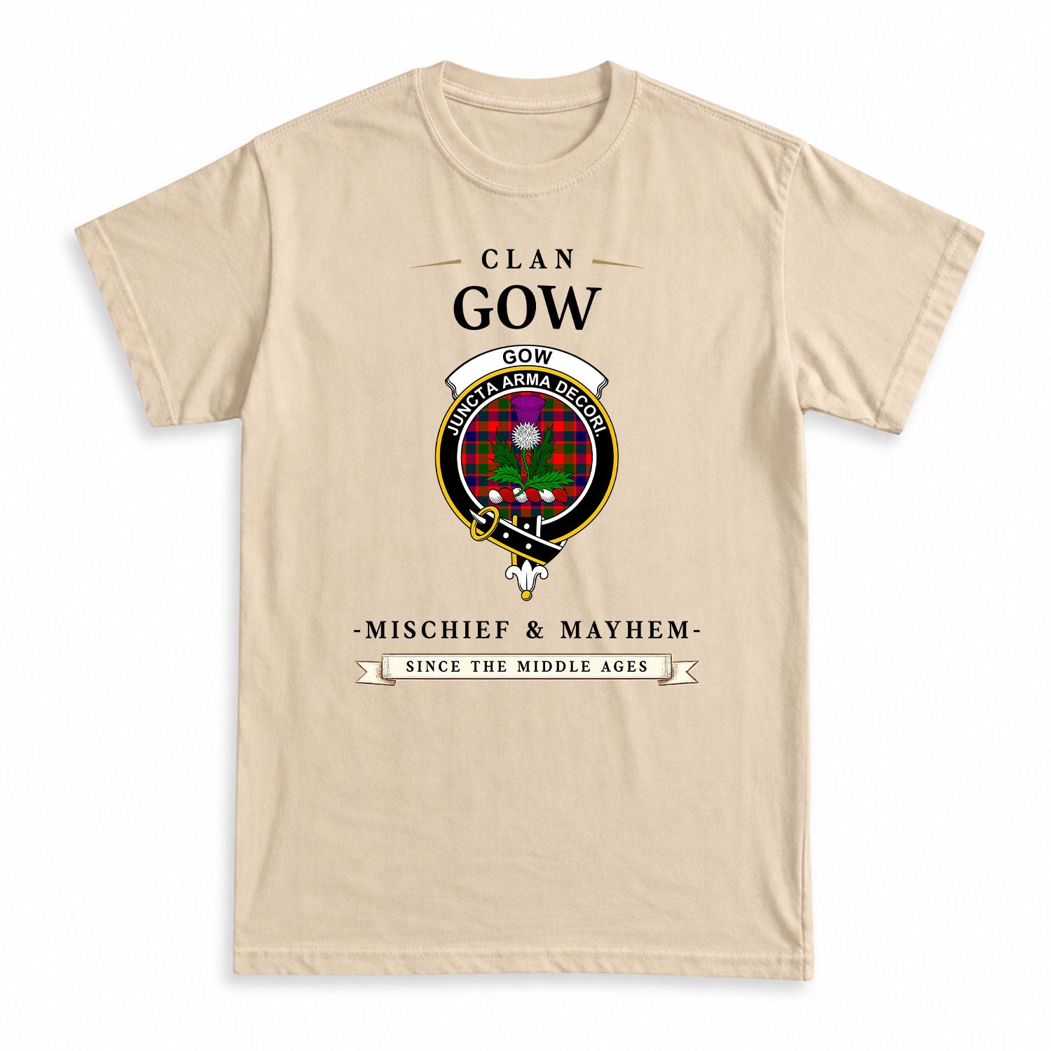 Gow (of Skeoch) Tartan Crest Mischief and Mayhem T-shirt