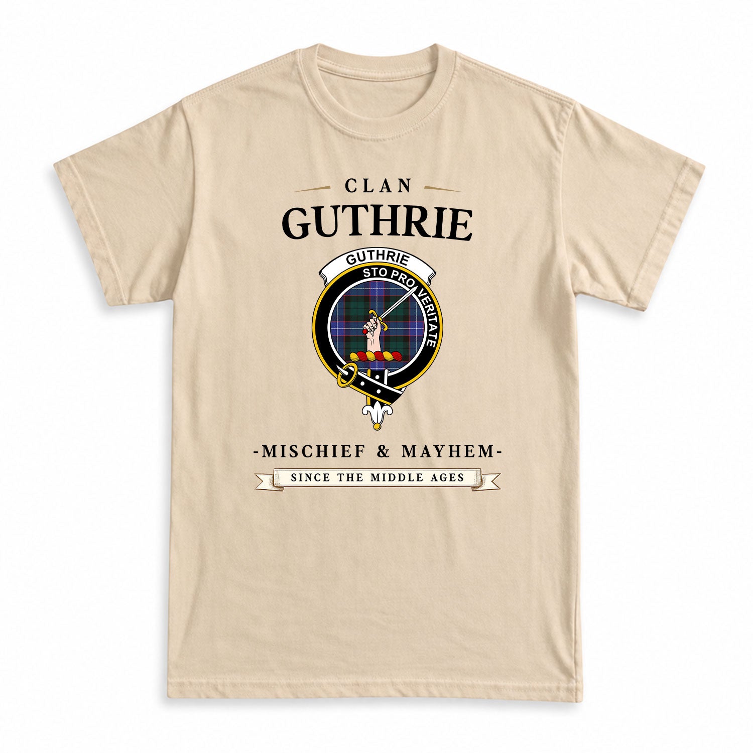 Guthrie Modern Tartan Crest Mischief and Mayhem T-shirt