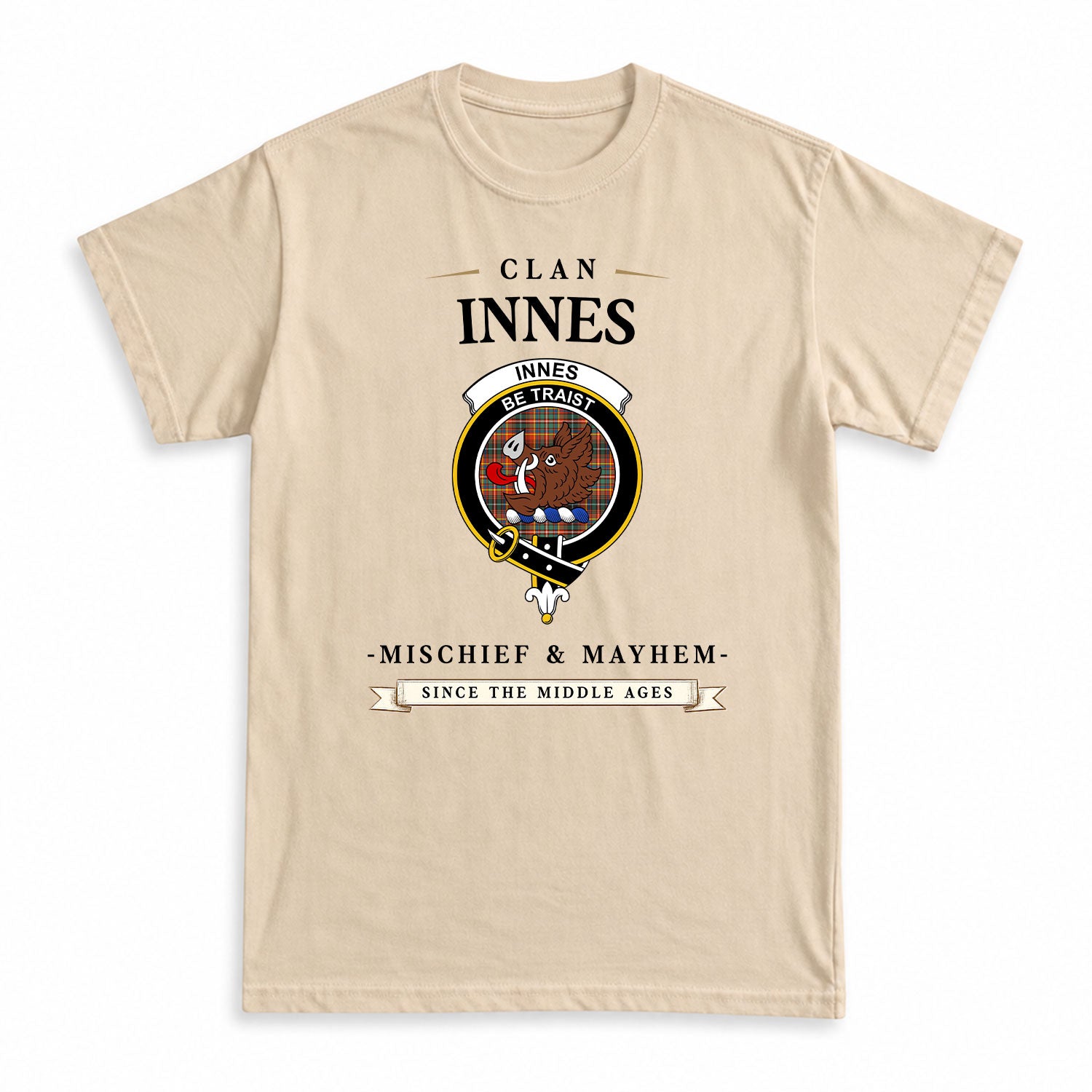 Innes Ancient Tartan Crest Mischief and Mayhem T-shirt
