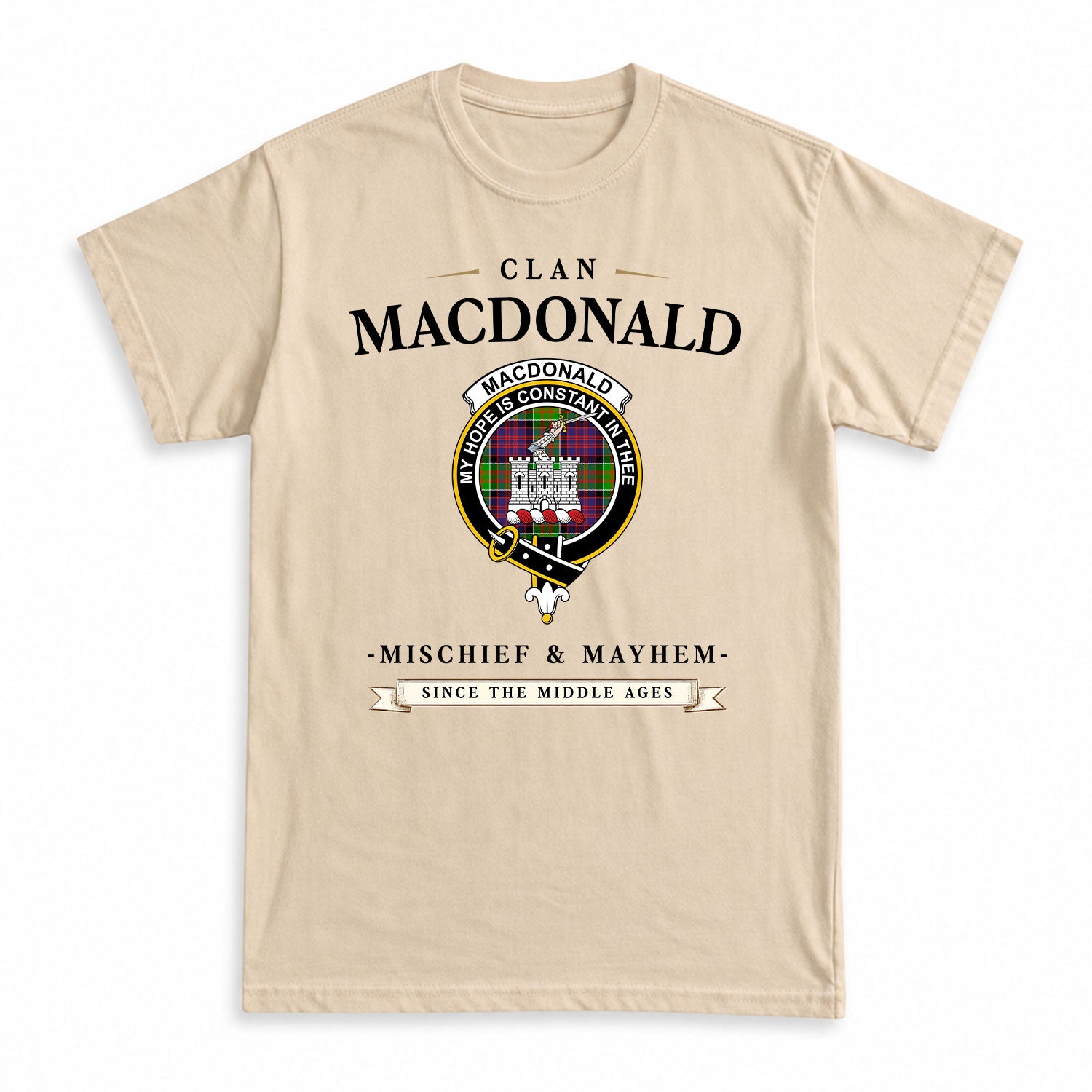 MacDonald (Clan Ranald) Tartan Crest Mischief and Mayhem T-shirt
