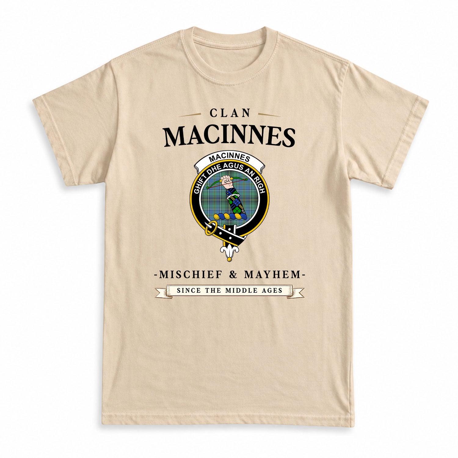 MacInnes Ancient Tartan Crest Mischief and Mayhem T-shirt