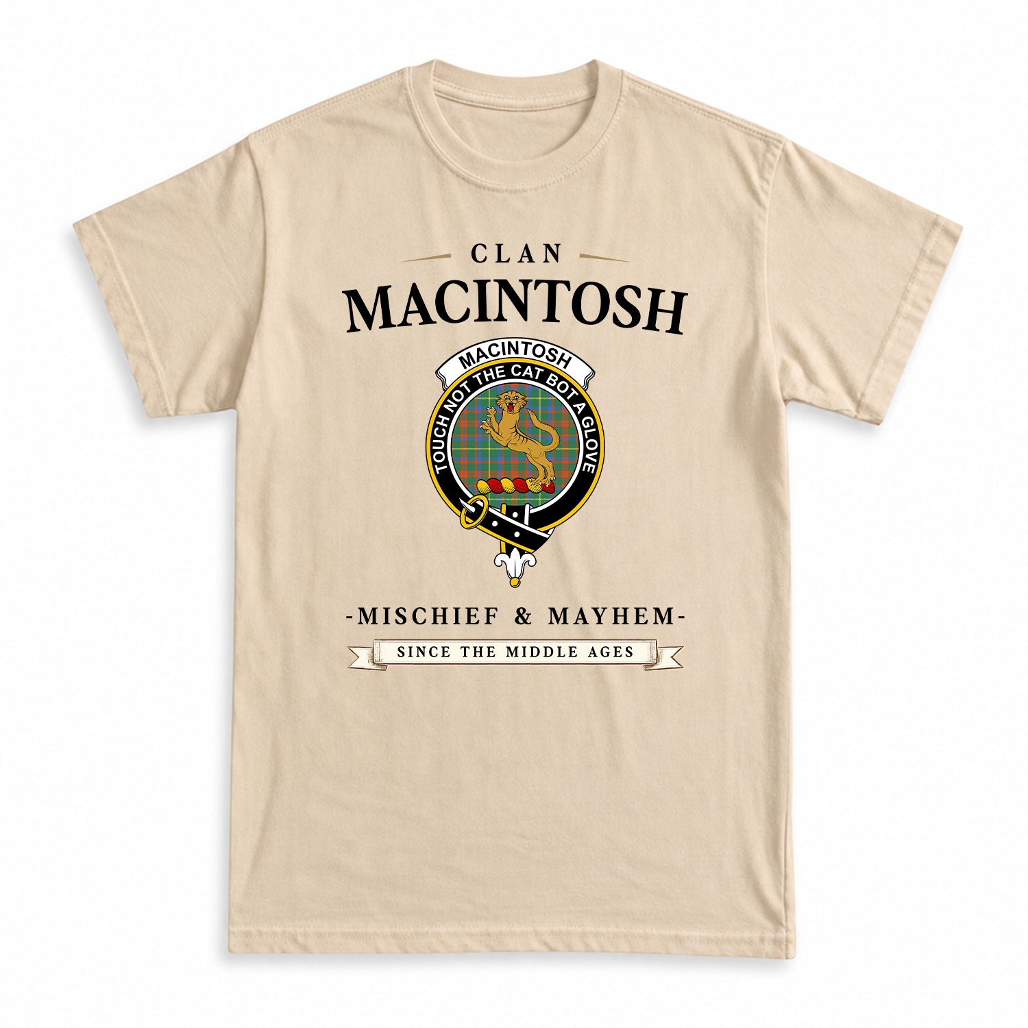 MacIntosh Hunting Ancient Tartan Crest Mischief and Mayhem T-shirt