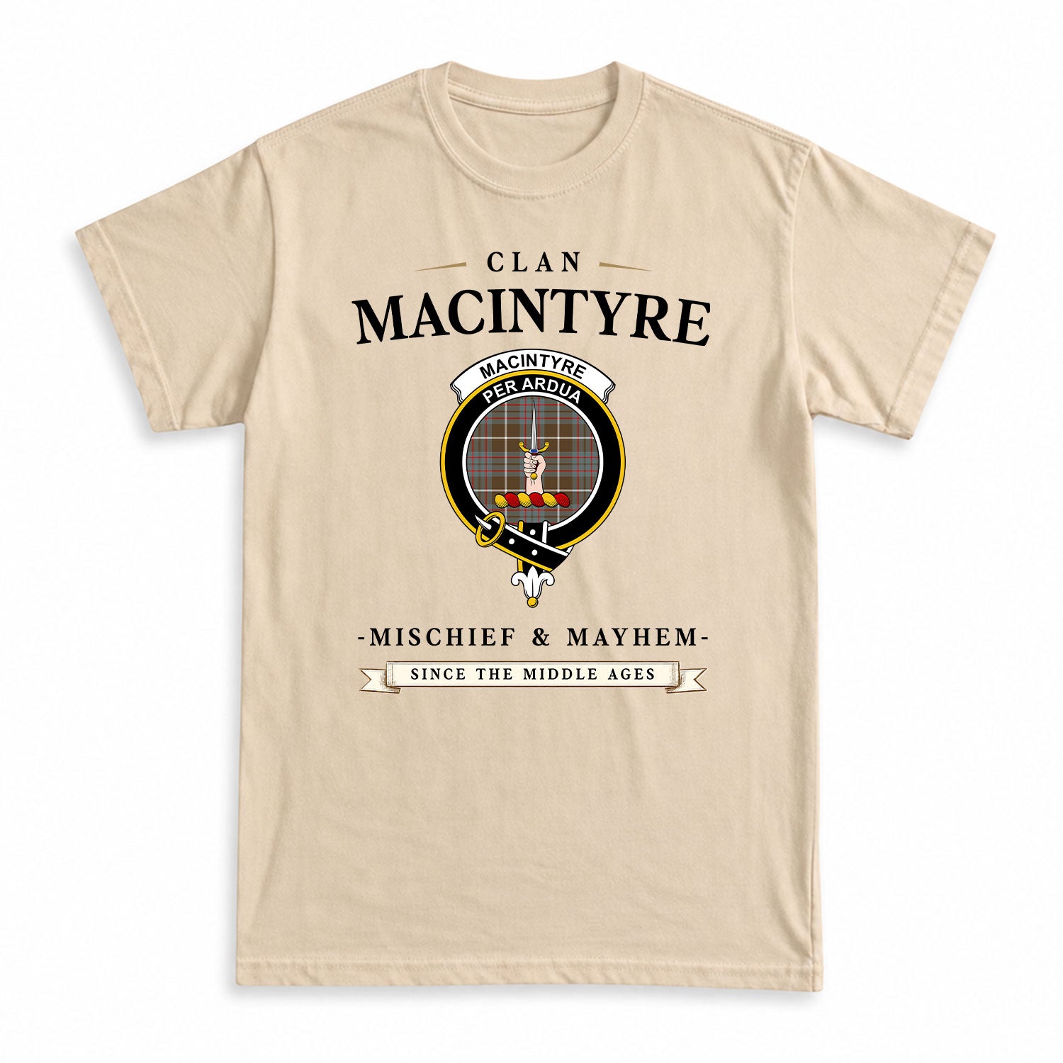 MacIntyre Hunting Weathered Tartan Crest Mischief and Mayhem T-shirt