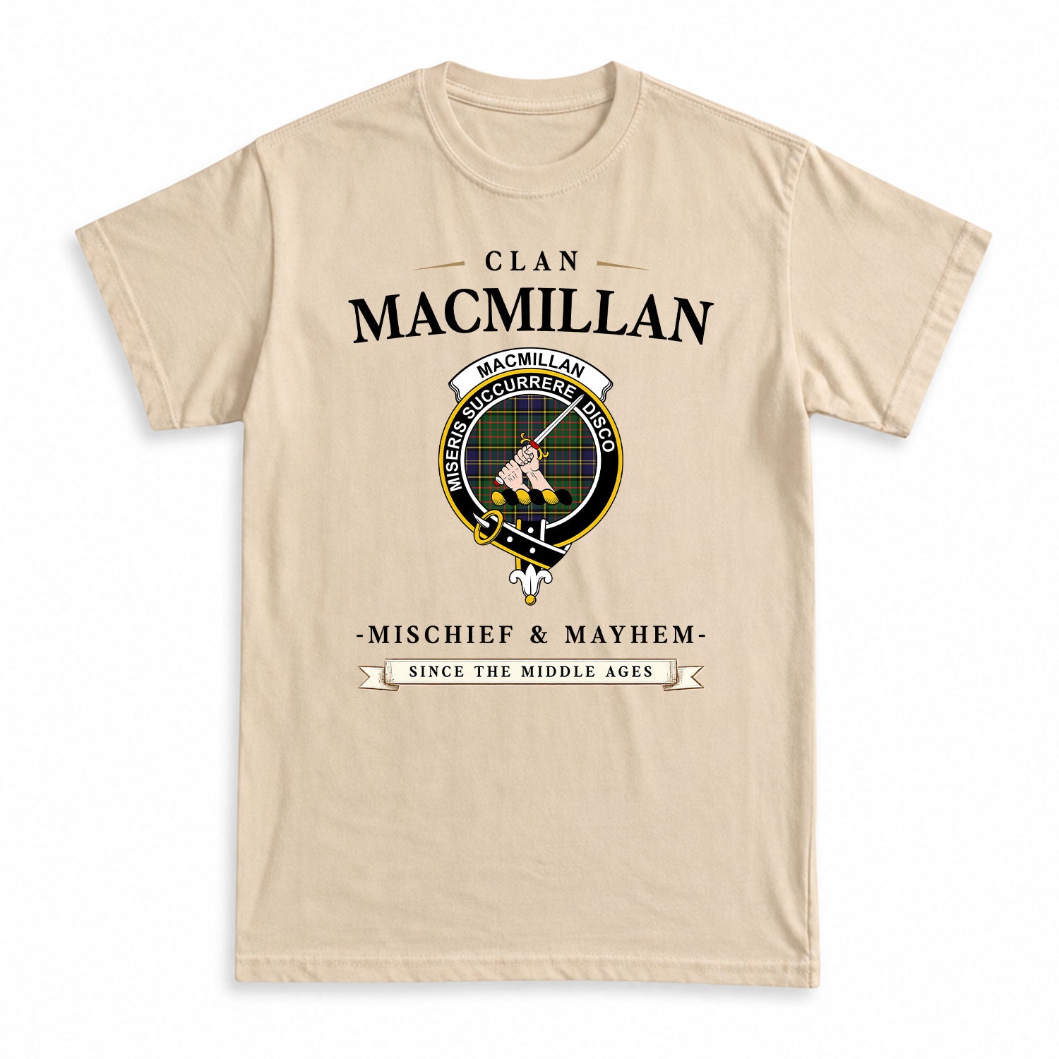 MacMillan Hunting Modern Tartan Crest Mischief and Mayhem T-shirt