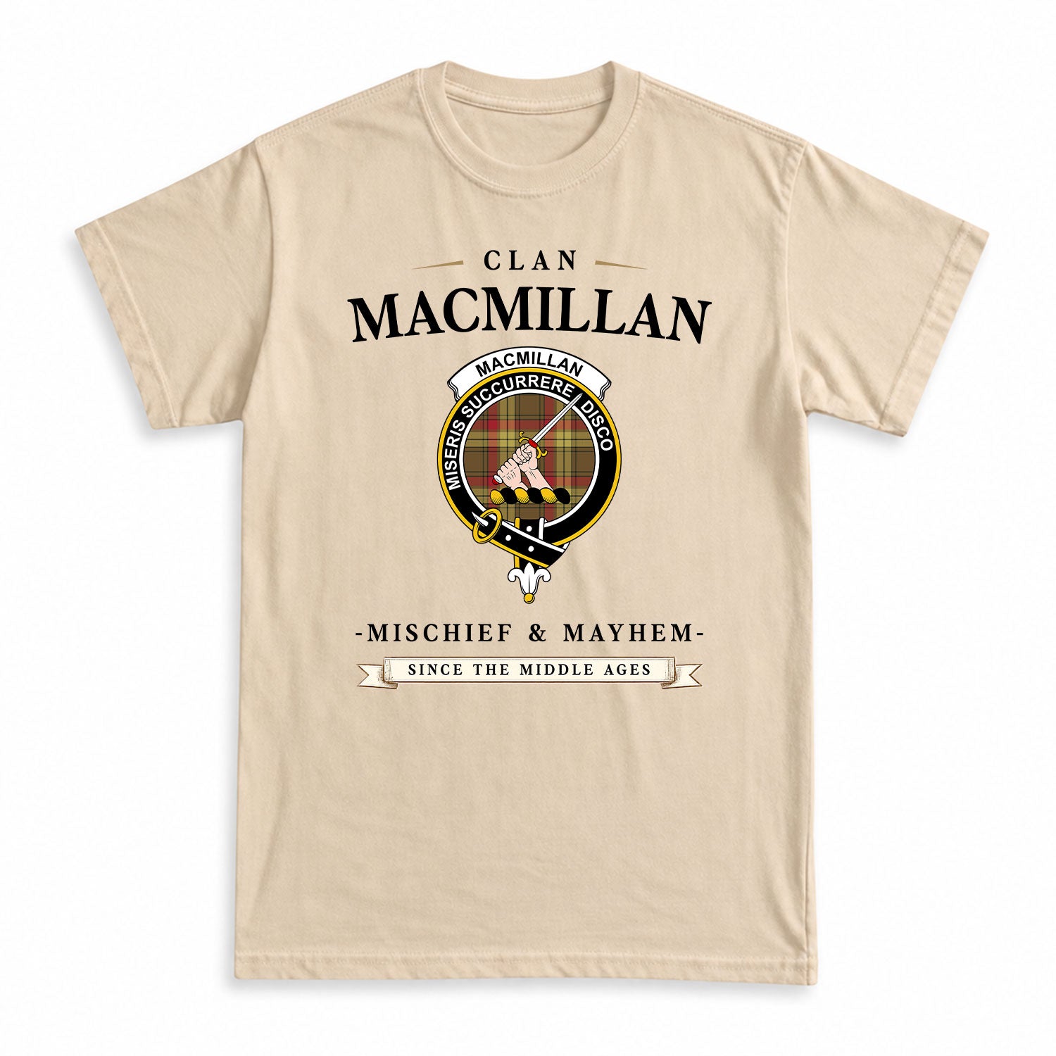 MacMillan Old Weathered Tartan Crest Mischief and Mayhem T-shirt