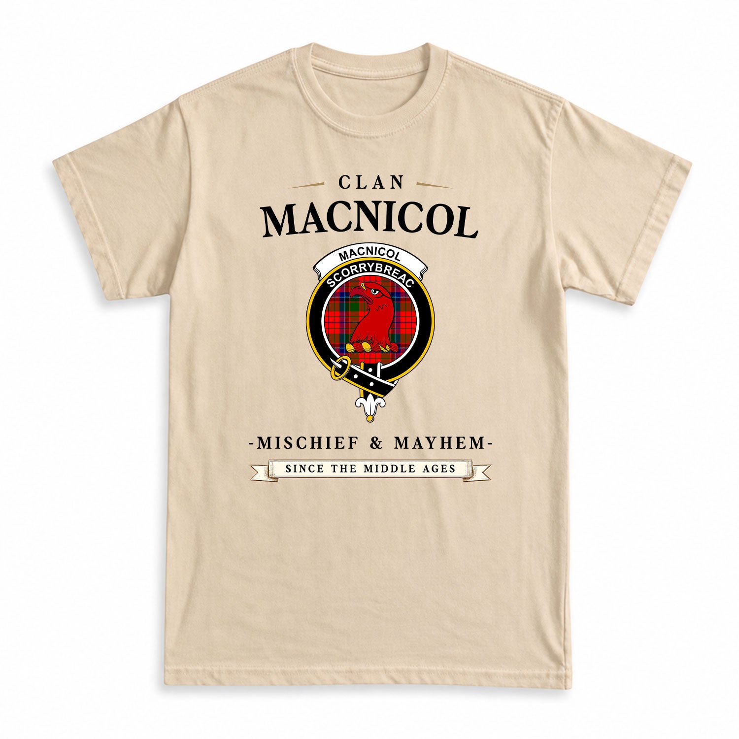 MacNicol (of Scorrybreac) Tartan Crest Mischief and Mayhem T-shirt