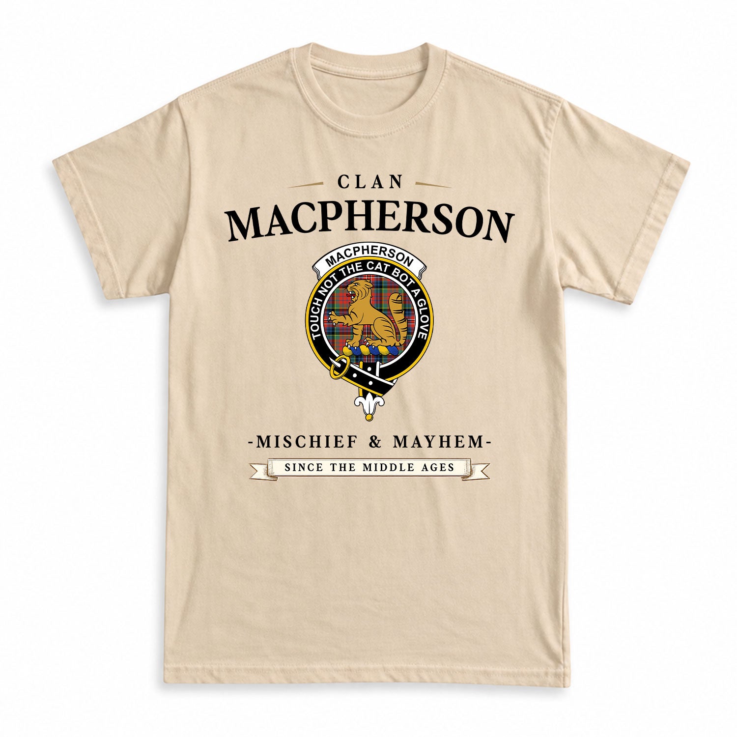 MacPherson Ancient Tartan Crest Mischief and Mayhem T-shirt