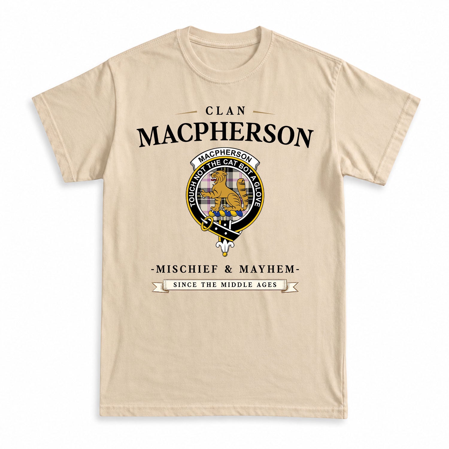 MacPherson Dress Ancient Tartan Crest Mischief and Mayhem T-shirt