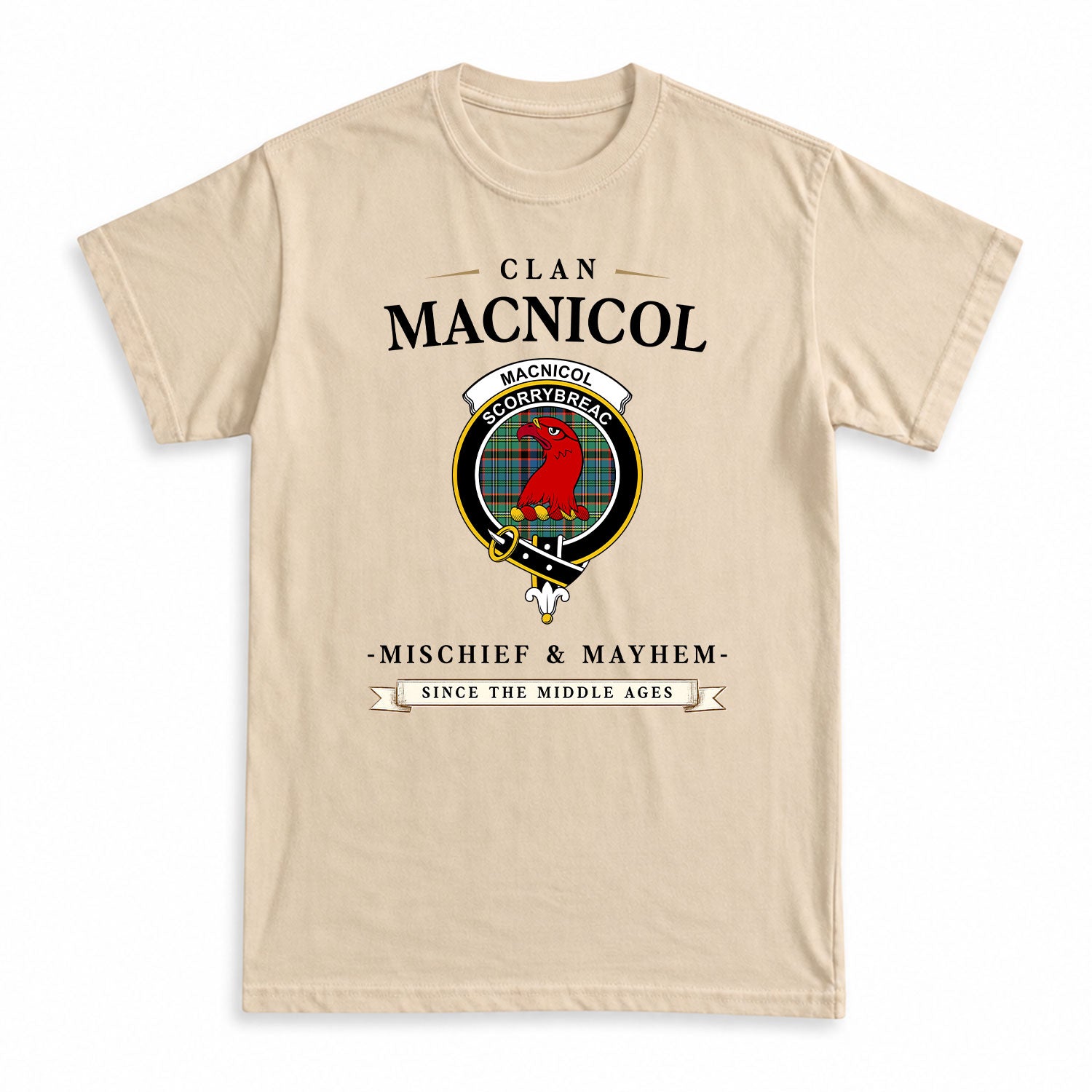 MacNicol Hunting Ancient Tartan Crest Mischief and Mayhem T-shirt