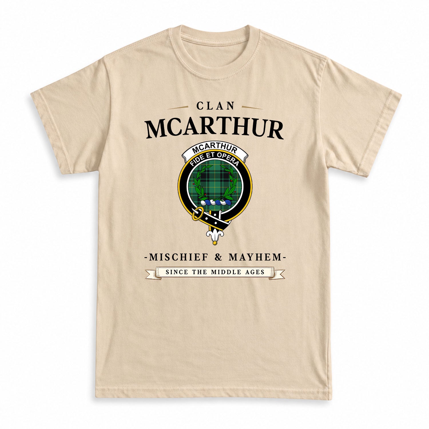 McArthur Ancient Tartan Crest Mischief and Mayhem T-shirt