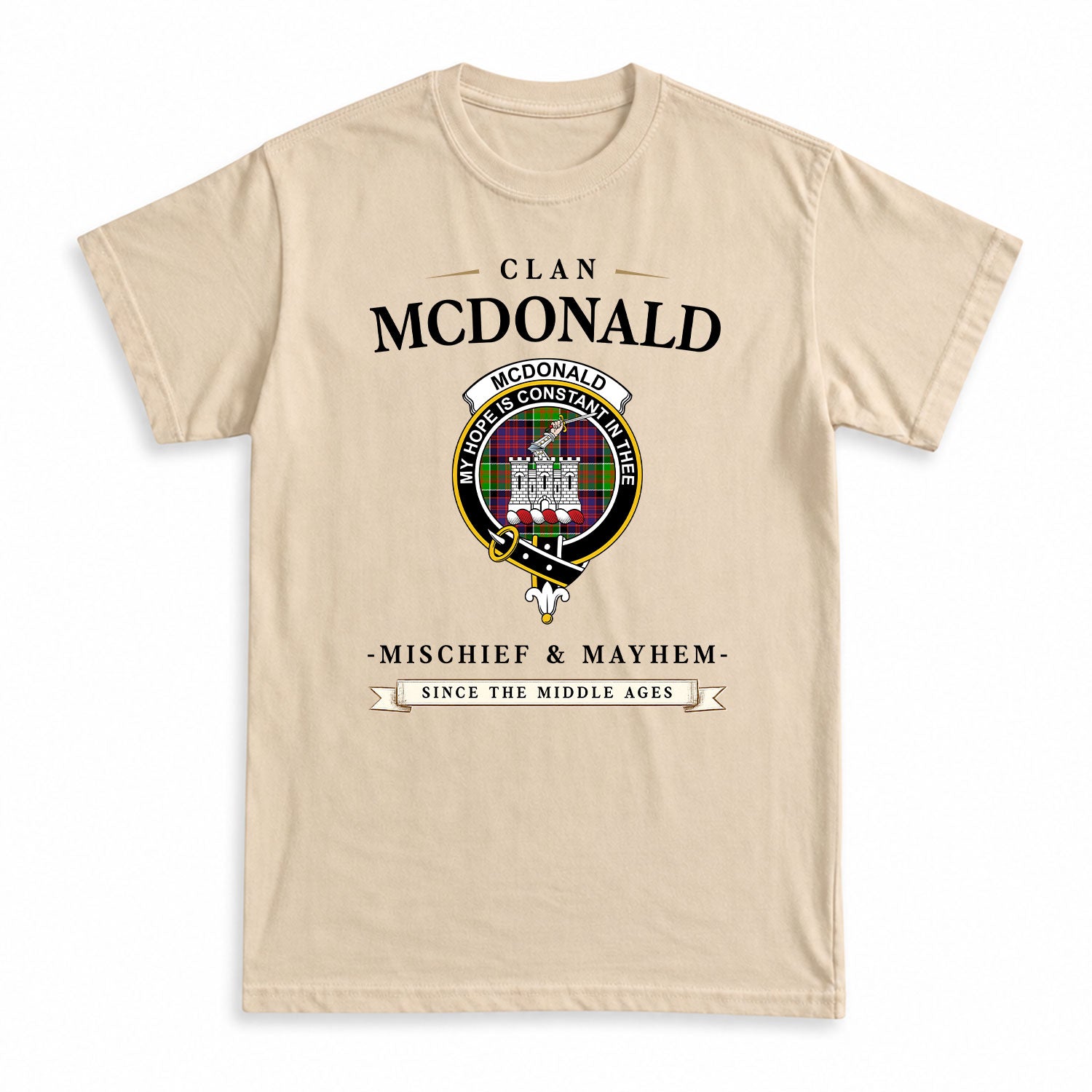 McDonald (Clan Ranald) Tartan Crest Mischief and Mayhem T-shirt