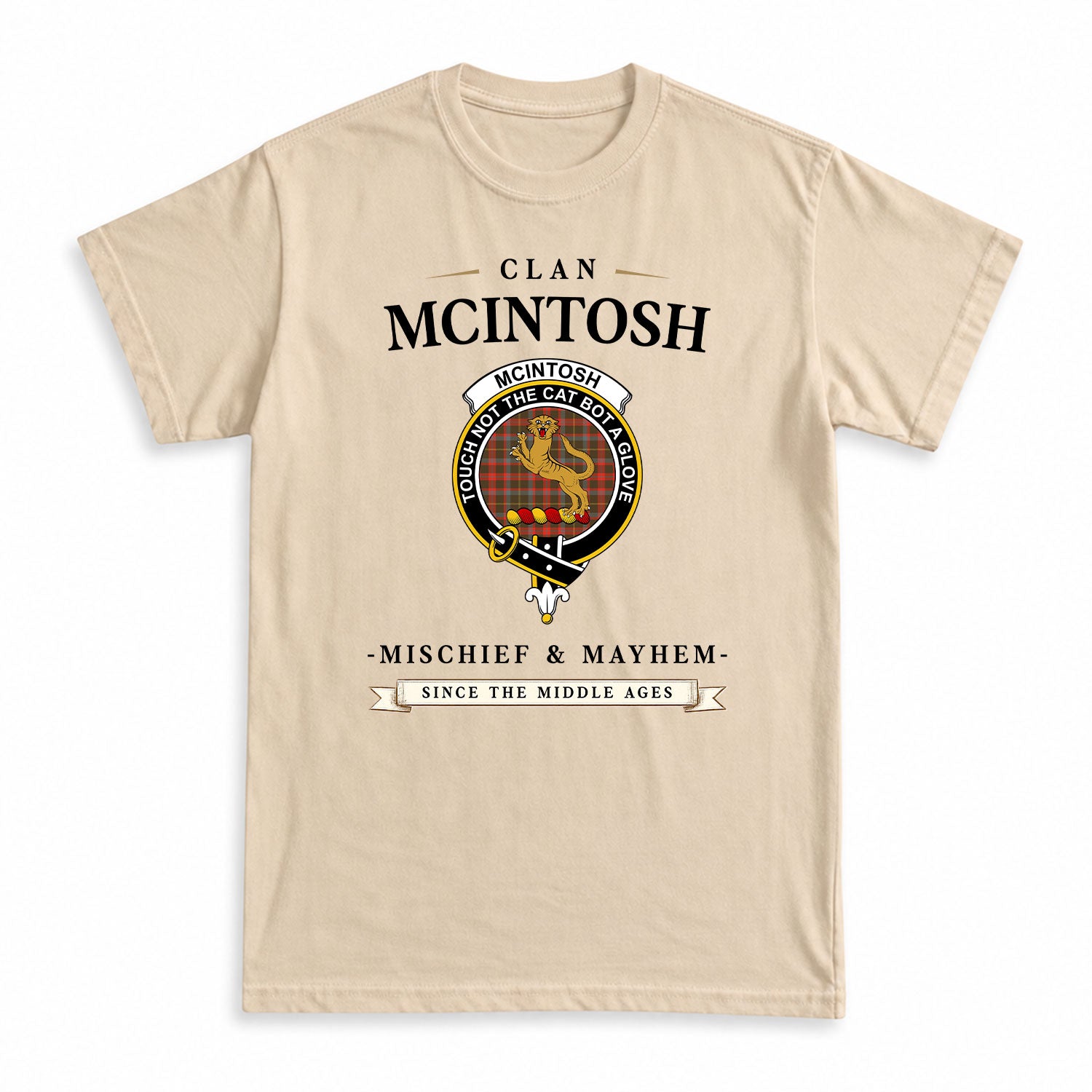 McIntosh Hunting Weathered Tartan Crest Mischief and Mayhem T-shirt