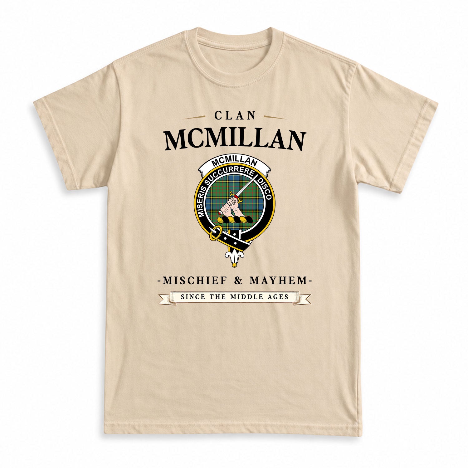 McMillan Hunting Ancient Tartan Crest Mischief and Mayhem T-shirt
