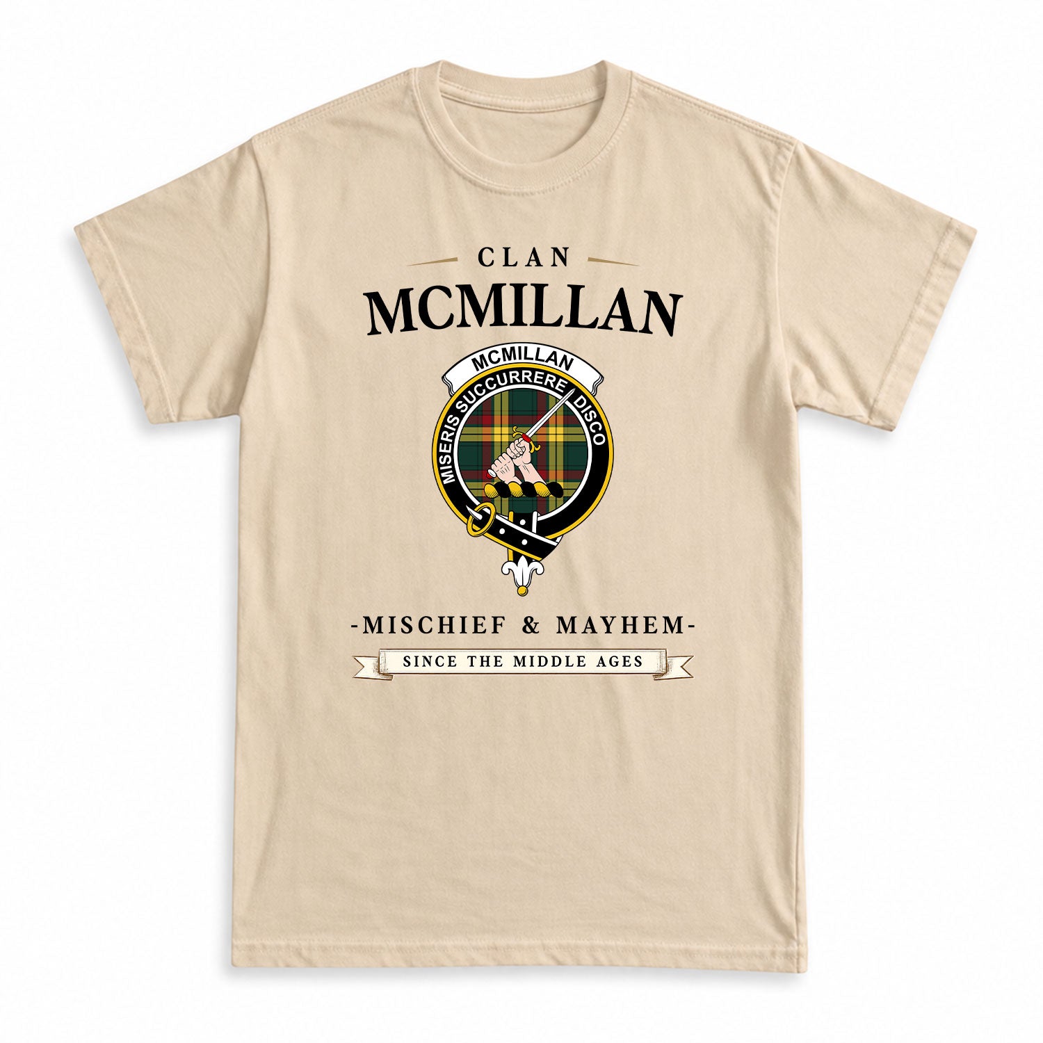 McMillan Old Modern Tartan Crest Mischief and Mayhem T-shirt
