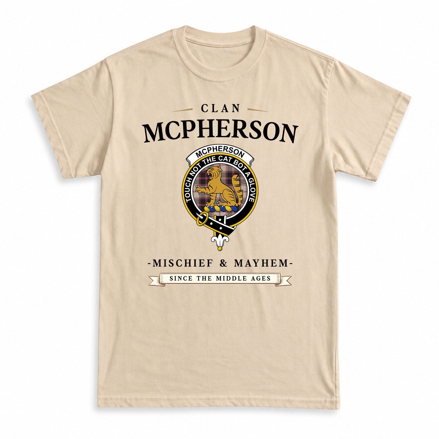 McPherson Hunting Ancient Tartan Crest Mischief and Mayhem T-shirt