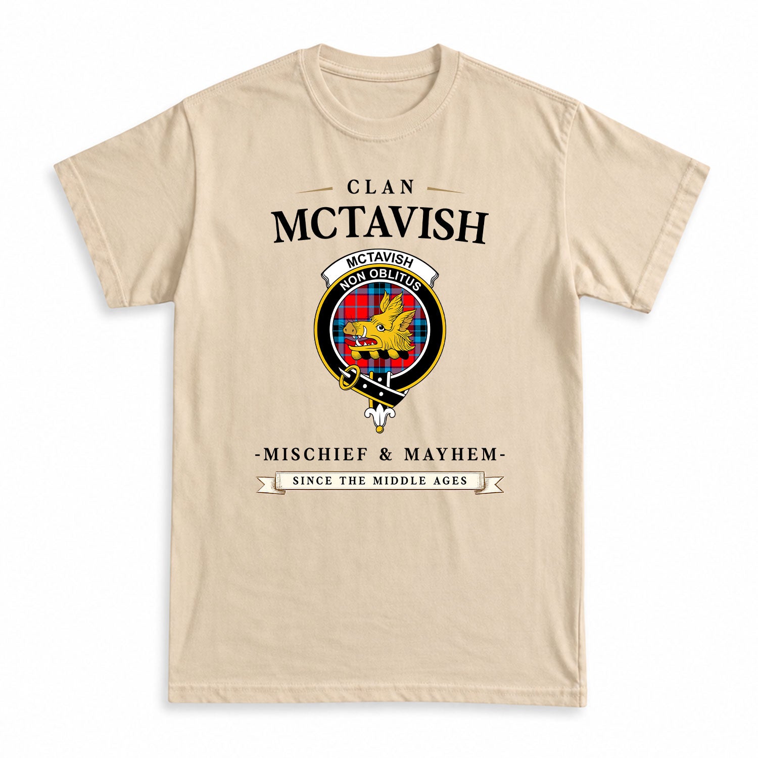 McTavish Modern Tartan Crest Mischief and Mayhem T-shirt