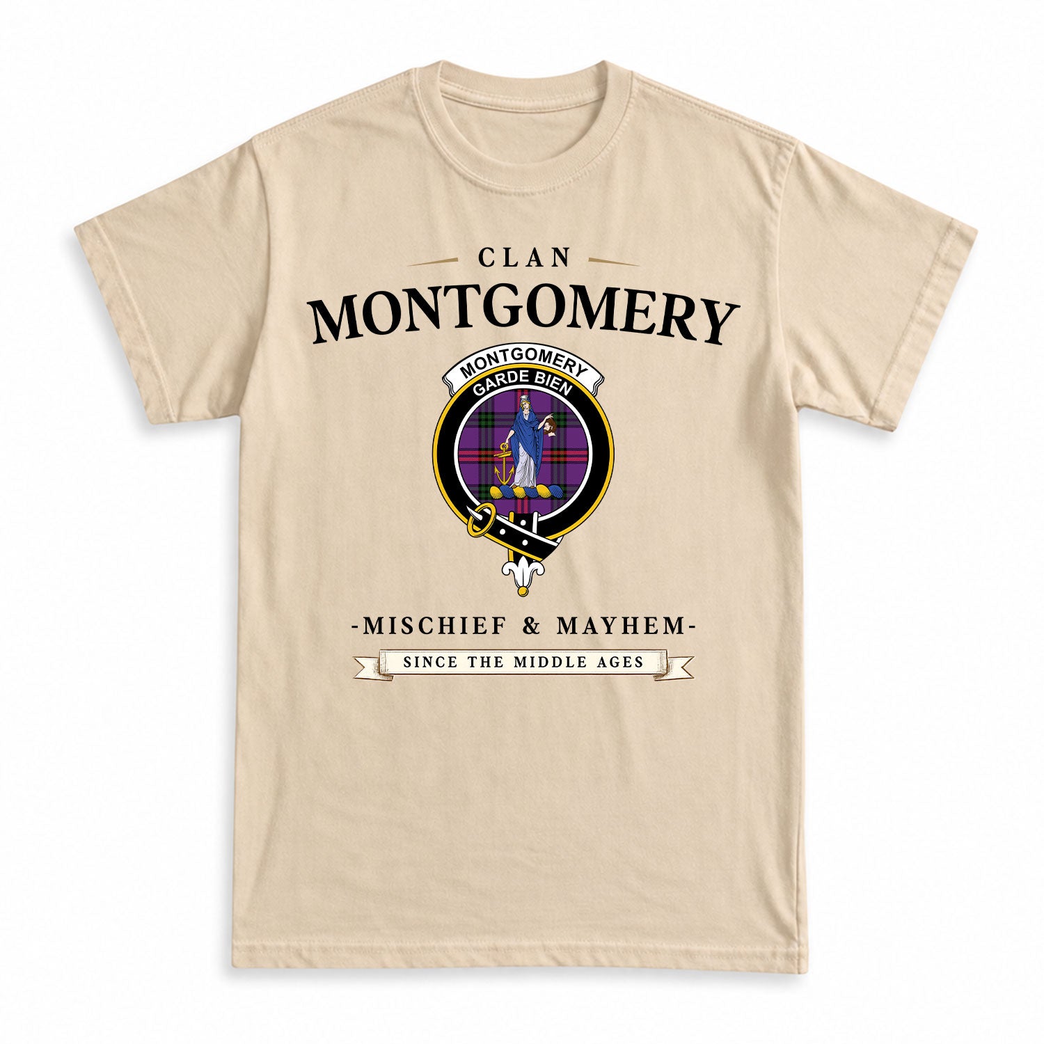 Montgomery Modern Tartan Crest Mischief and Mayhem T-shirt