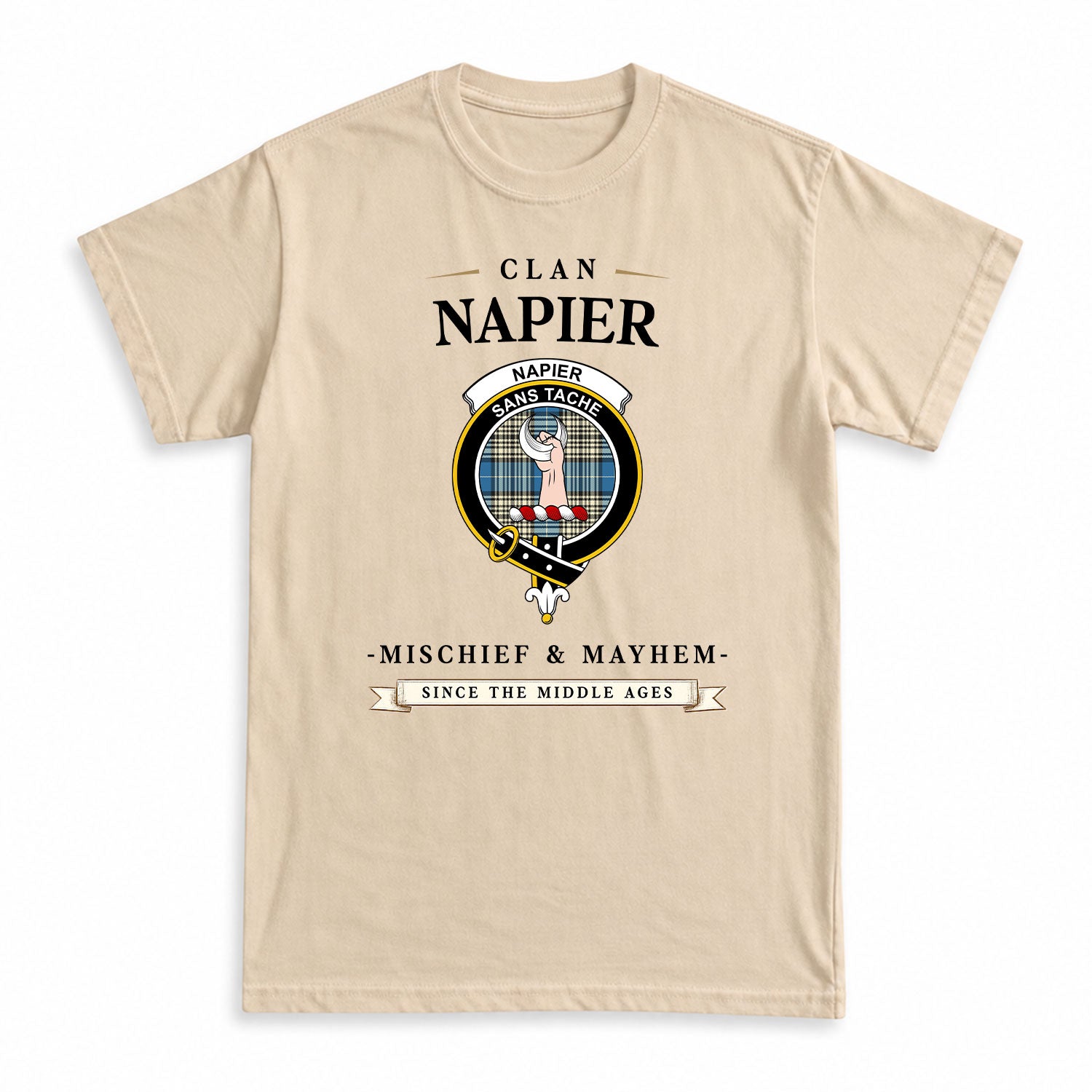 Napier Ancient Tartan Crest Mischief and Mayhem T-shirt