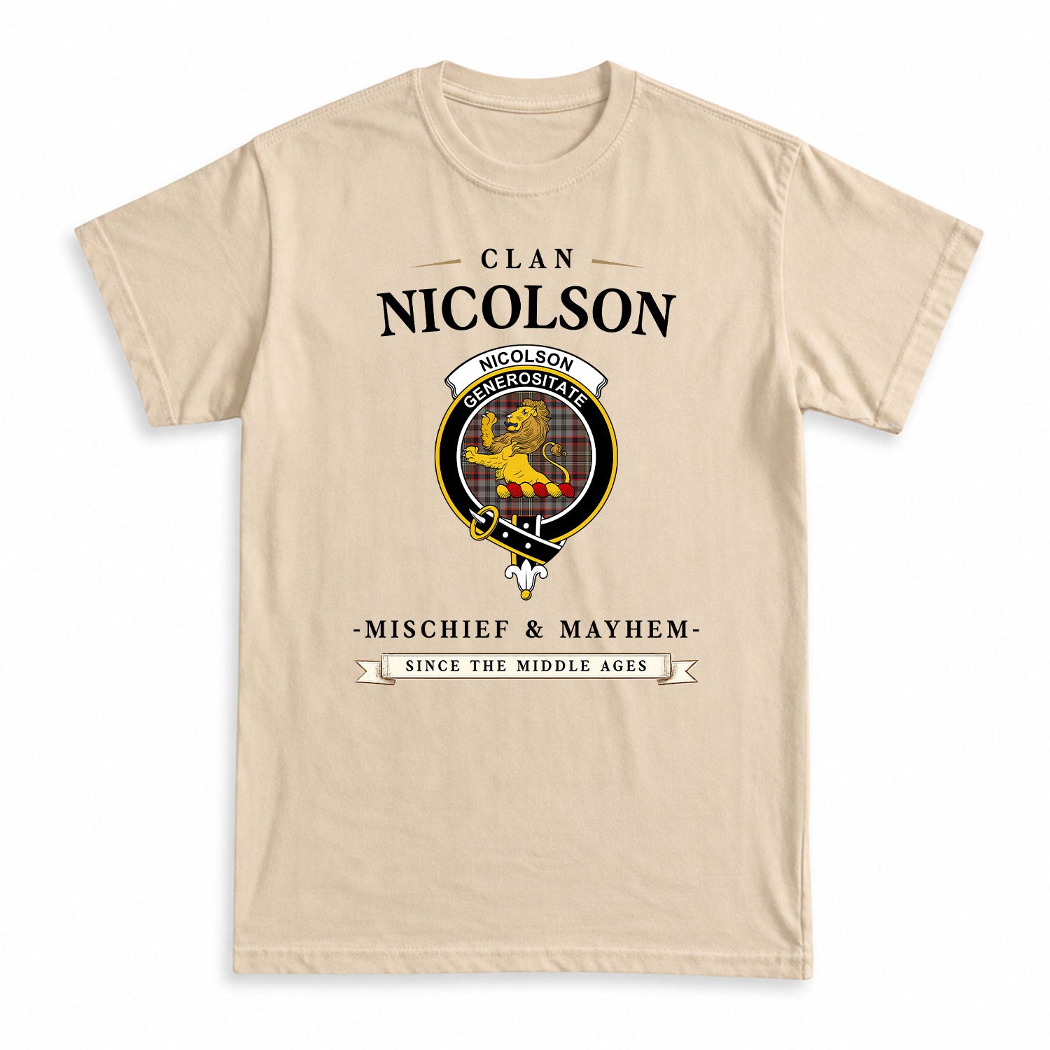 Nicolson Hunting Weathered Tartan Crest Mischief and Mayhem T-shirt