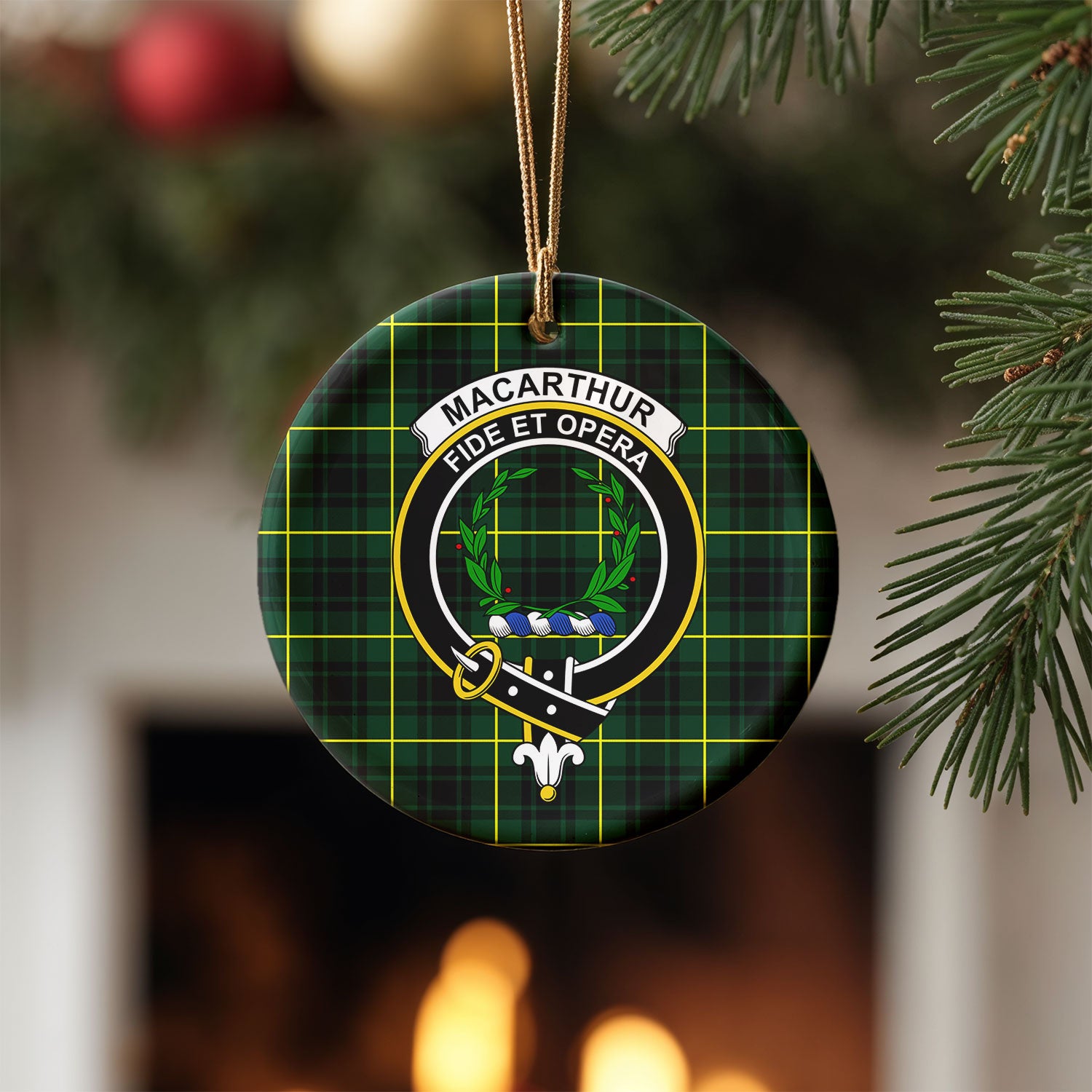 MacArthur Modern Tartan Crest Christmas Ceramic Ornament