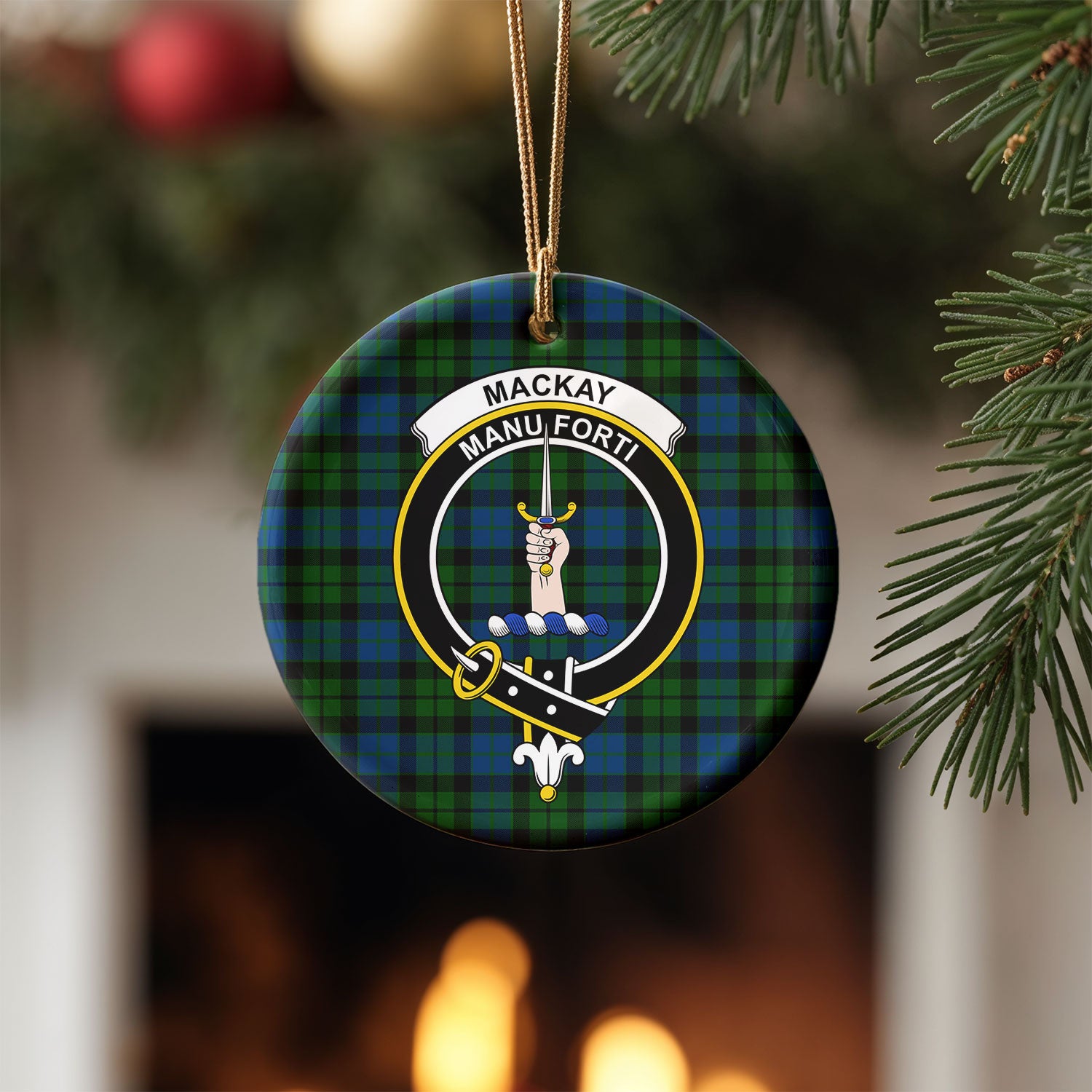MacKay Modern Tartan Crest Christmas Ceramic Ornament