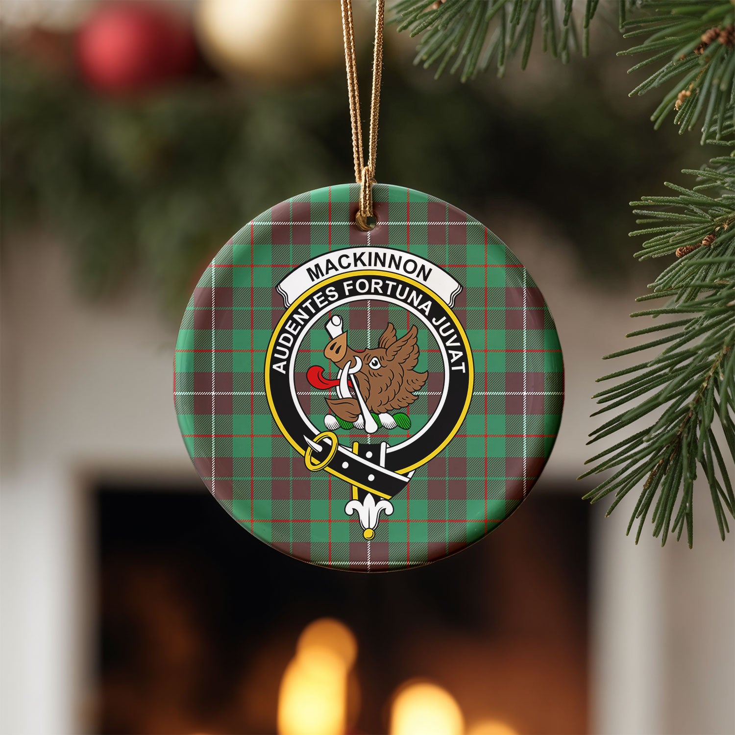 MacKinnon Hunting Ancient Tartan Crest Christmas Ceramic Ornament