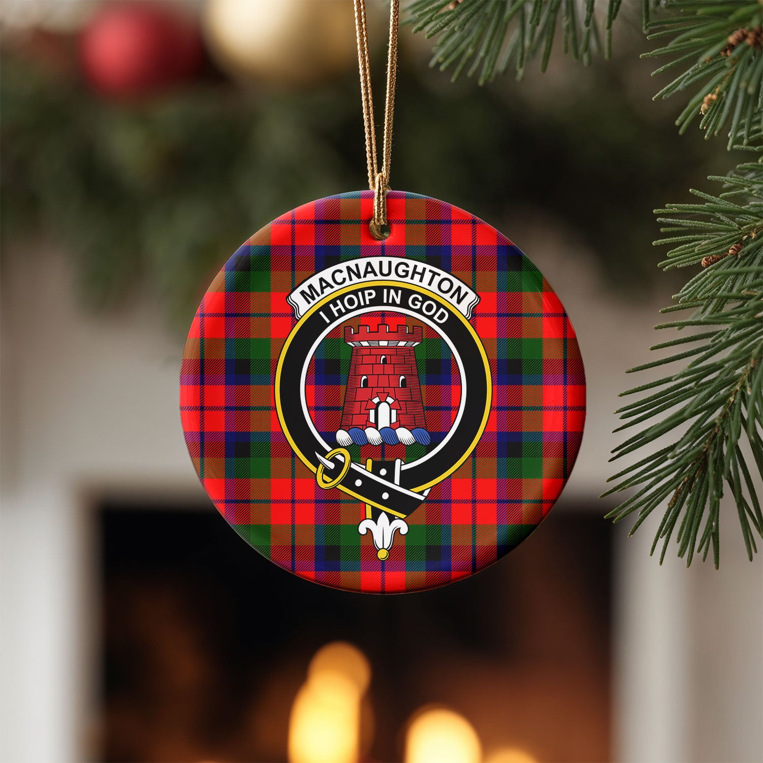 MacNaughton Modern Tartan Crest Christmas Ceramic Ornament