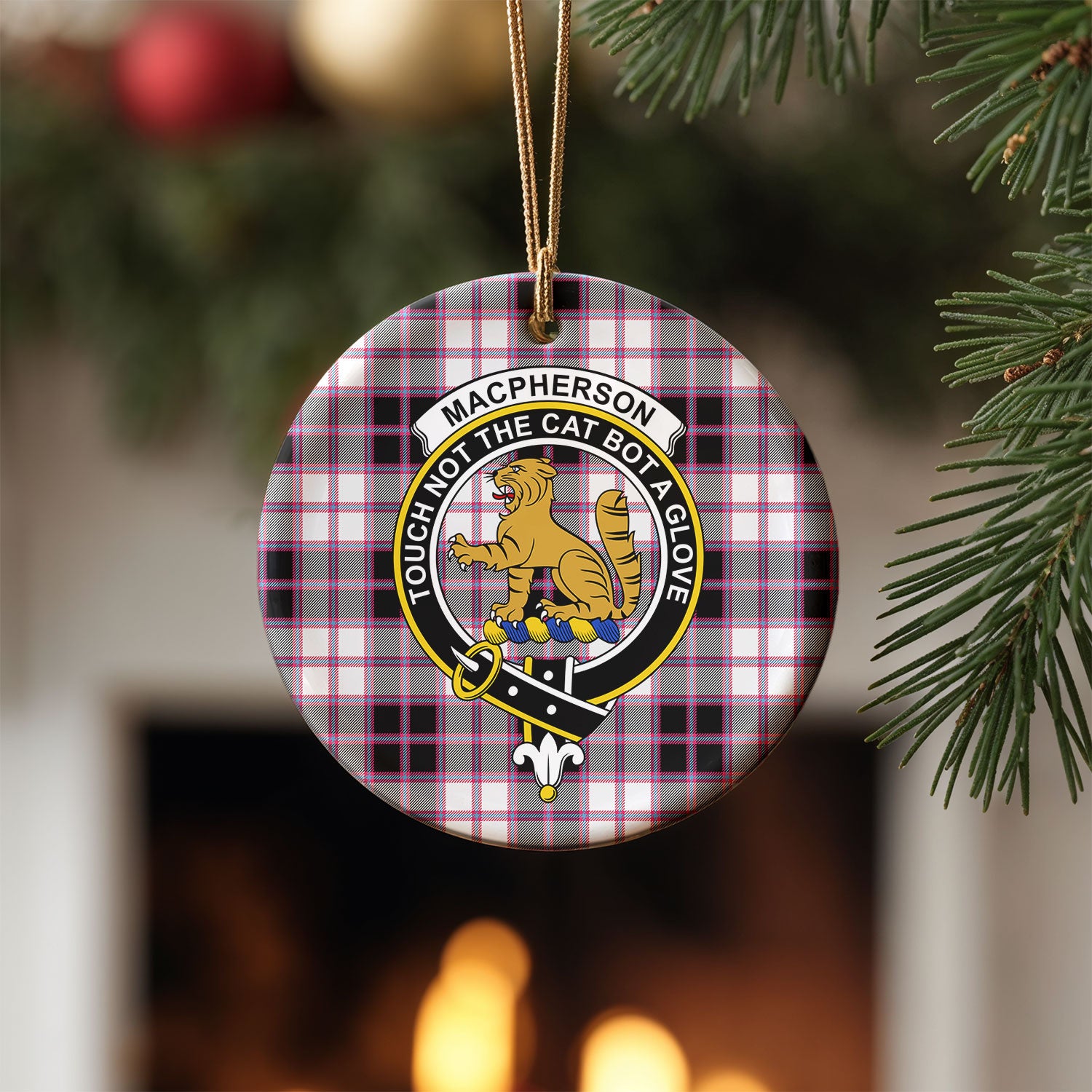 MacPherson Hunting Modern Tartan Crest Christmas Ceramic Ornament