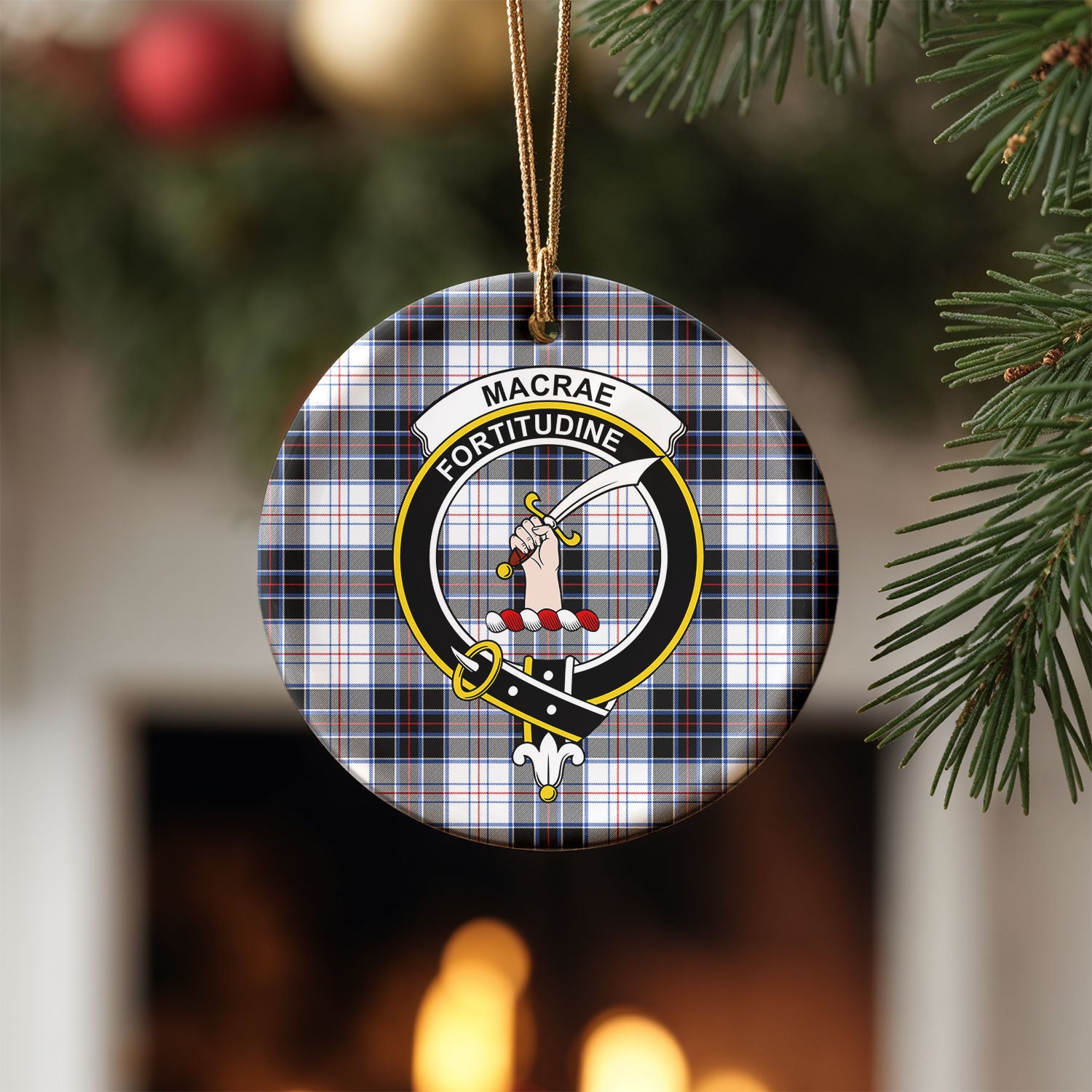 MacRae Dress Modern Tartan Crest Christmas Ceramic Ornament