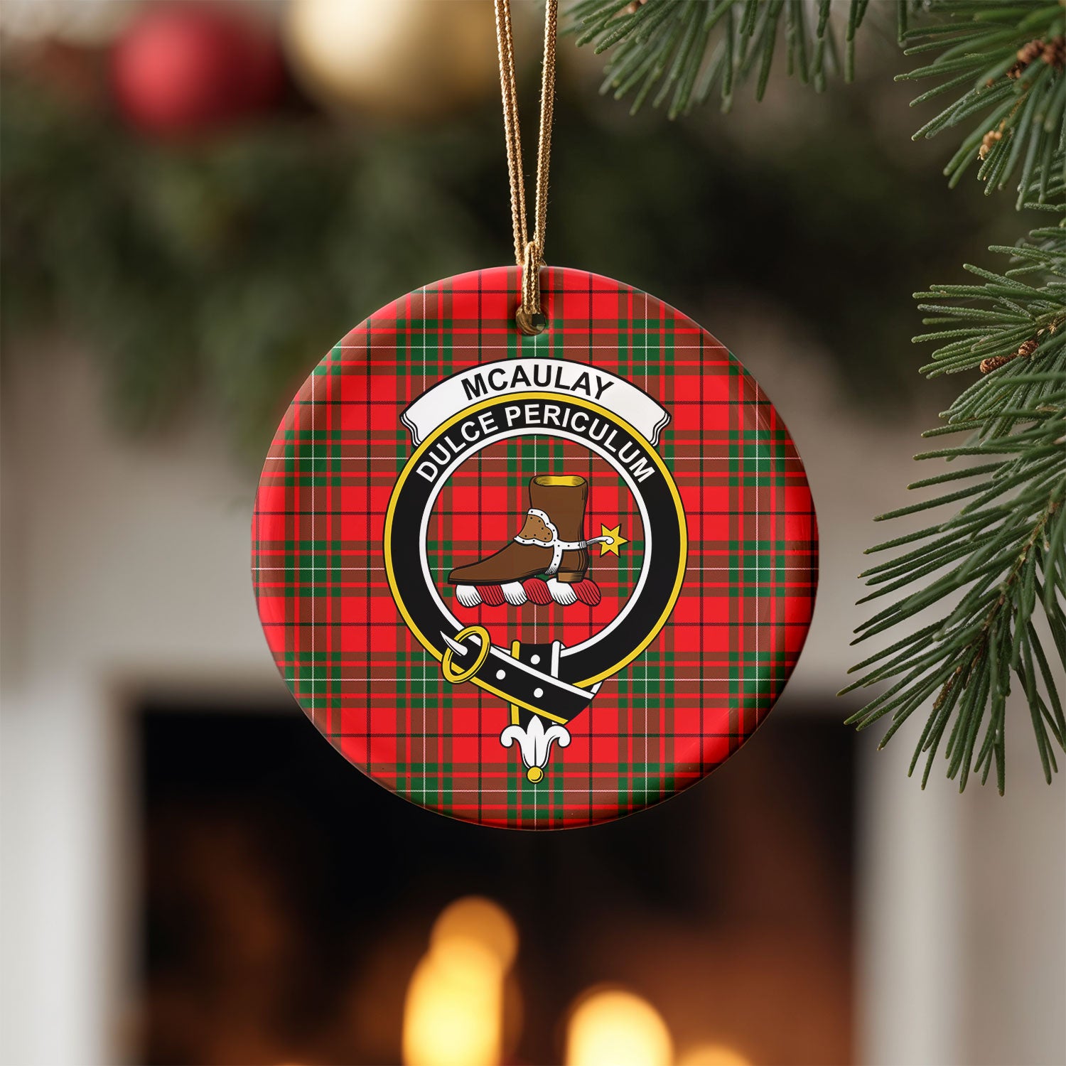 McAulay Modern Tartan Crest Christmas Ceramic Ornament
