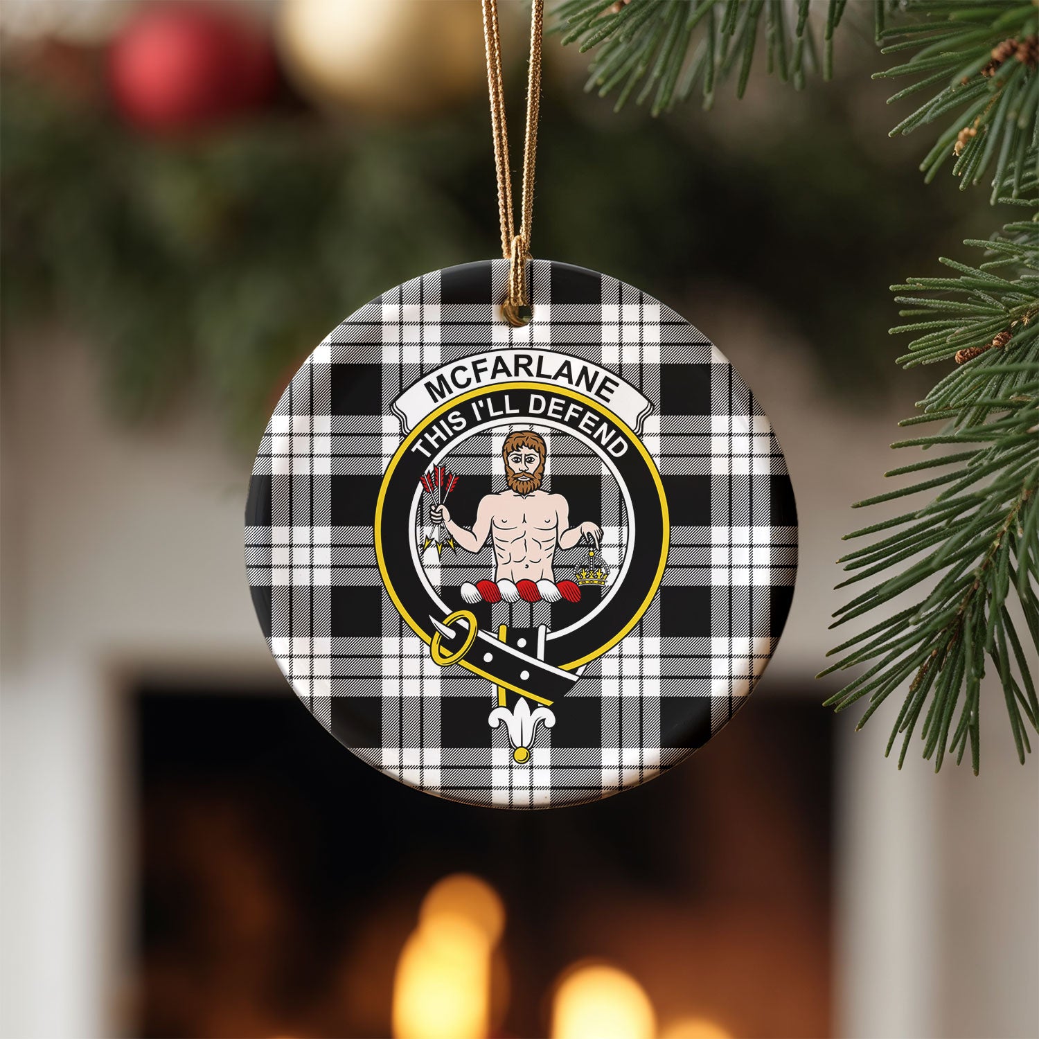 McFarlane Black - White Tartan Crest Christmas Ceramic Ornament