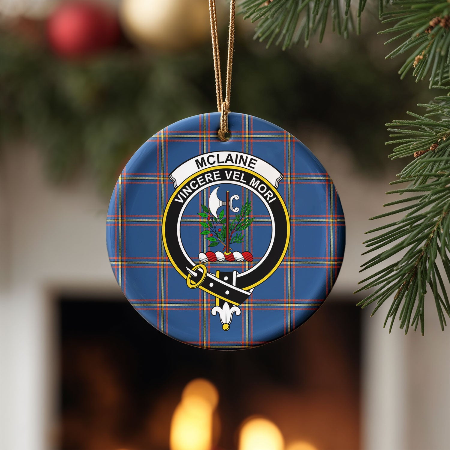 McLaine of Loch Buie Hunting Ancient Tartan Crest Christmas Ceramic Ornament