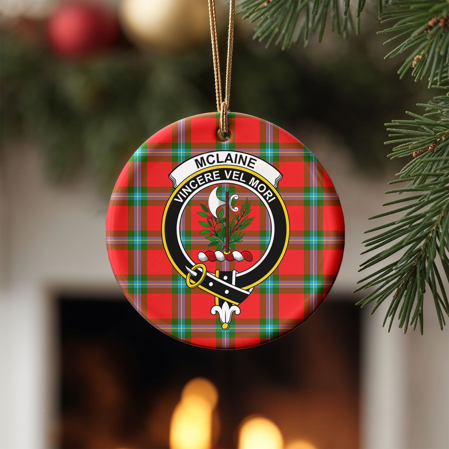 McLaine of Loch Buie Tartan Crest Christmas Ceramic Ornament