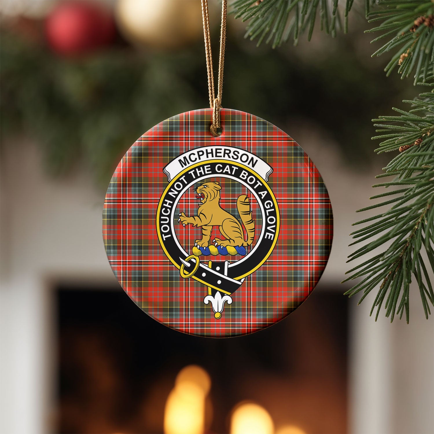 McPherson Weathered Tartan Crest Christmas Ceramic Ornament