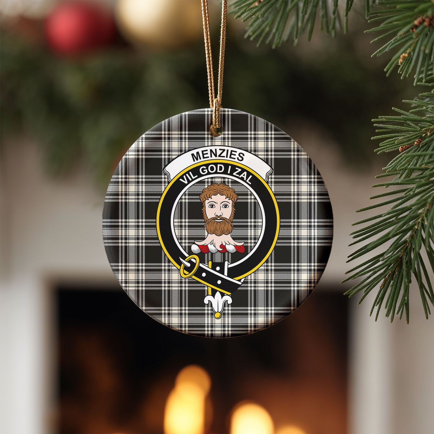 Menzies Black - White Ancient Tartan Crest Christmas Ceramic Ornament