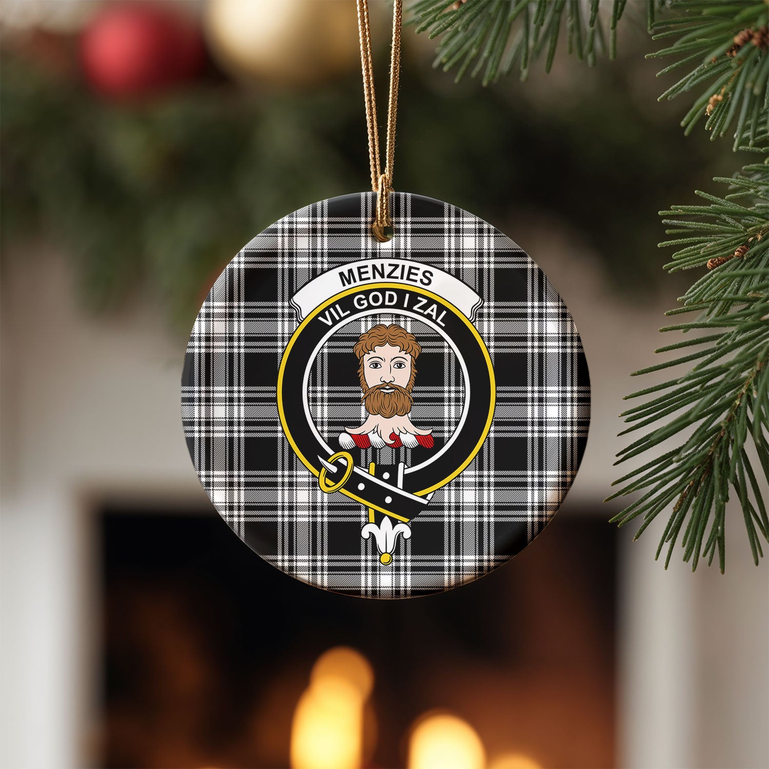 Menzies Black - White Modern Tartan Crest Christmas Ceramic Ornament