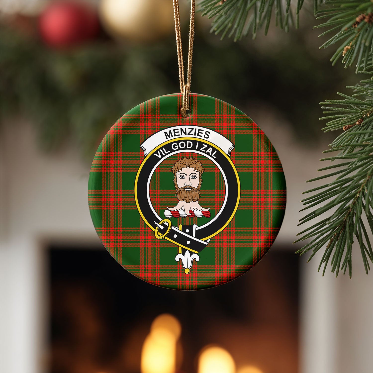 Menzies Green Modern Tartan Crest Christmas Ceramic Ornament