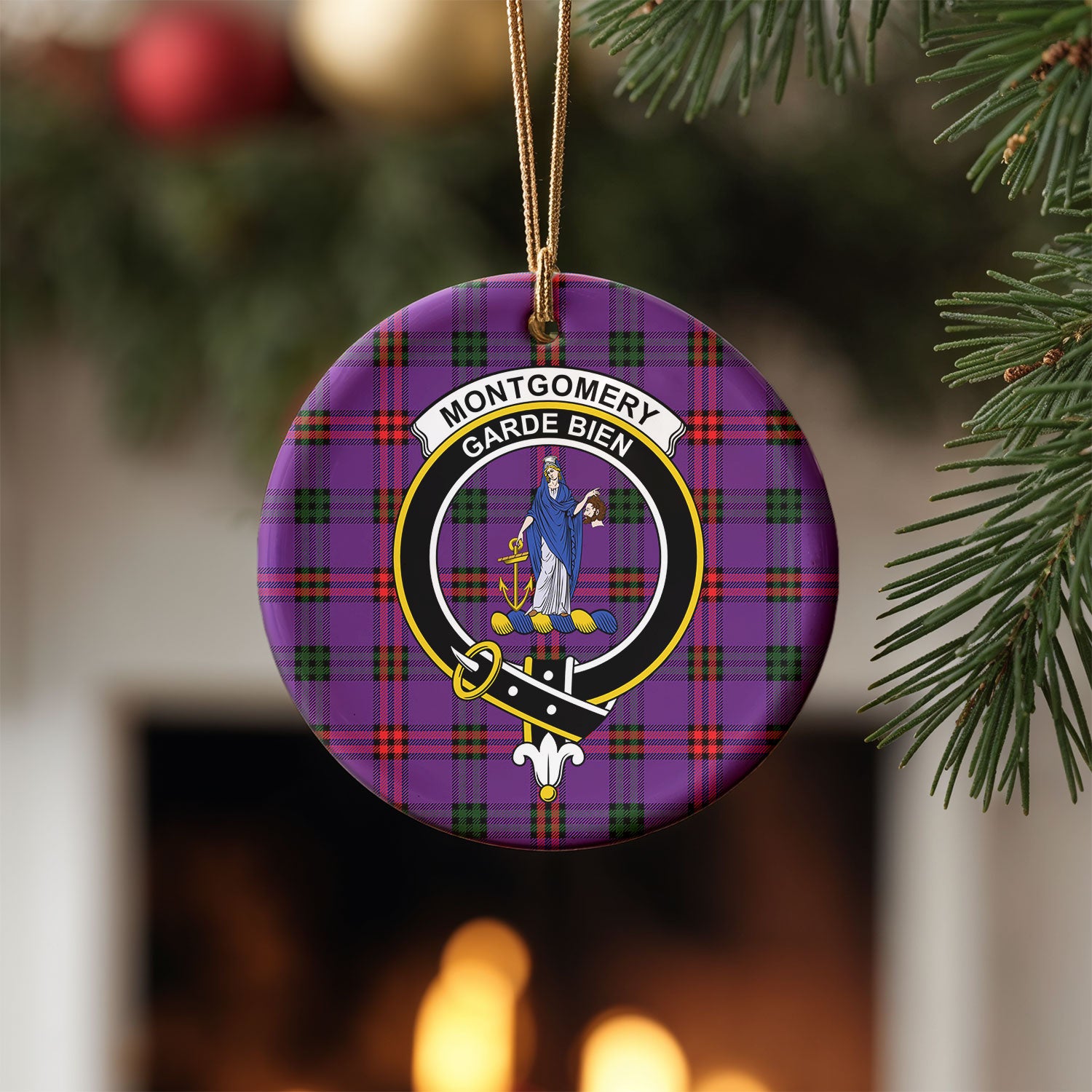 Montgomery Modern Tartan Crest Christmas Ceramic Ornament