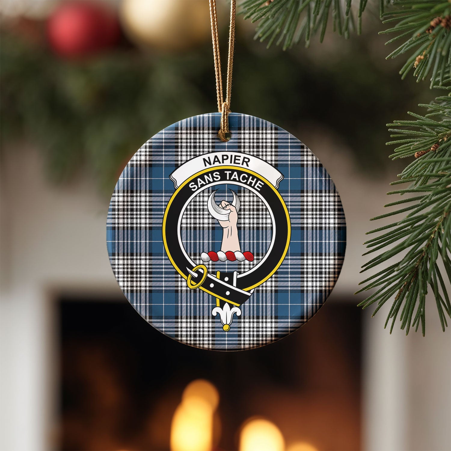 Napier Modern Tartan Crest Christmas Ceramic Ornament
