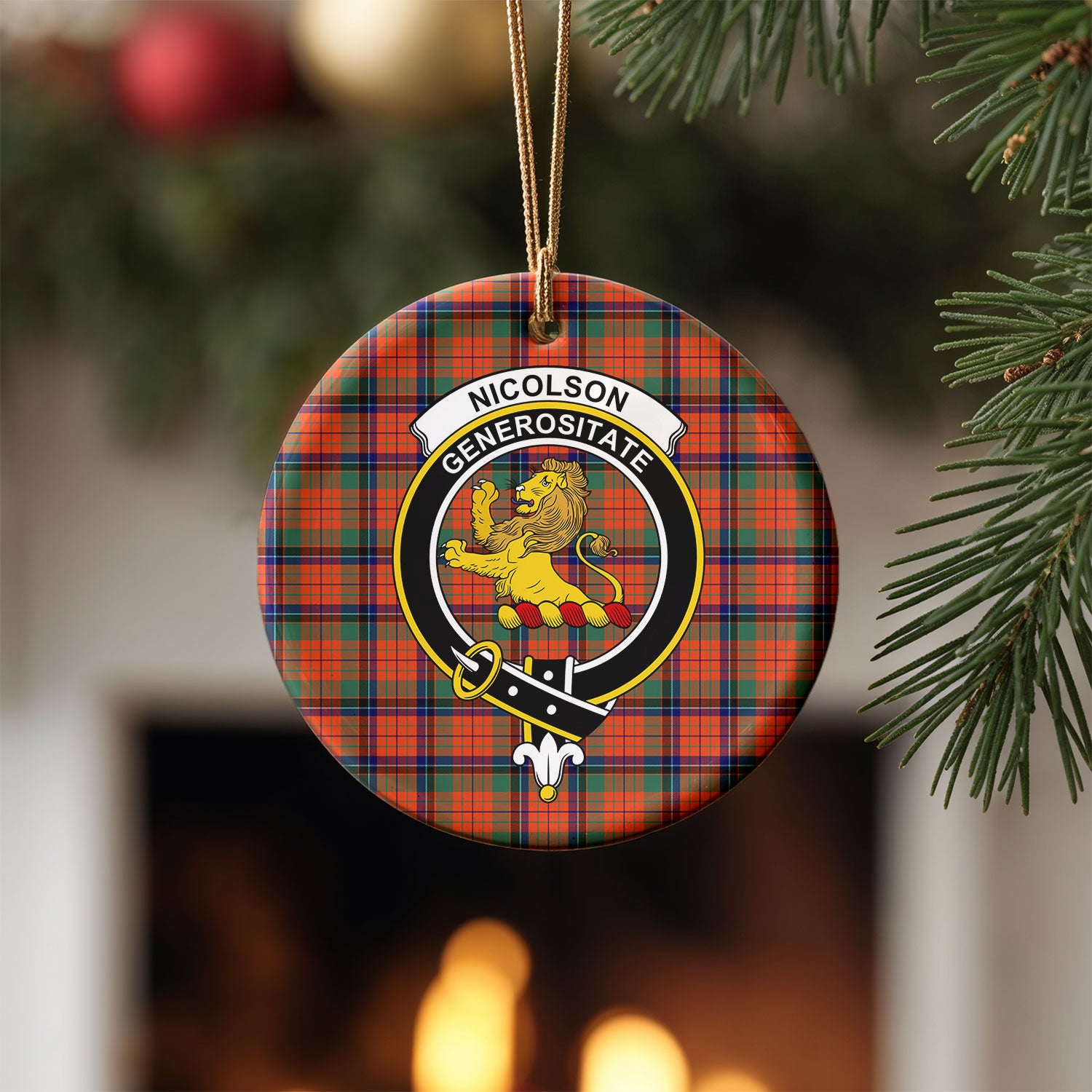 Nicolson Ancient Tartan Crest Christmas Ceramic Ornament