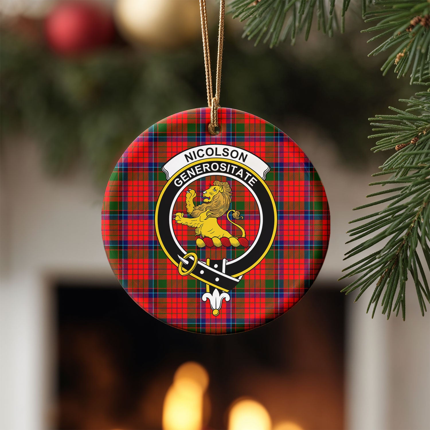 Nicolson Modern Tartan Crest Christmas Ceramic Ornament
