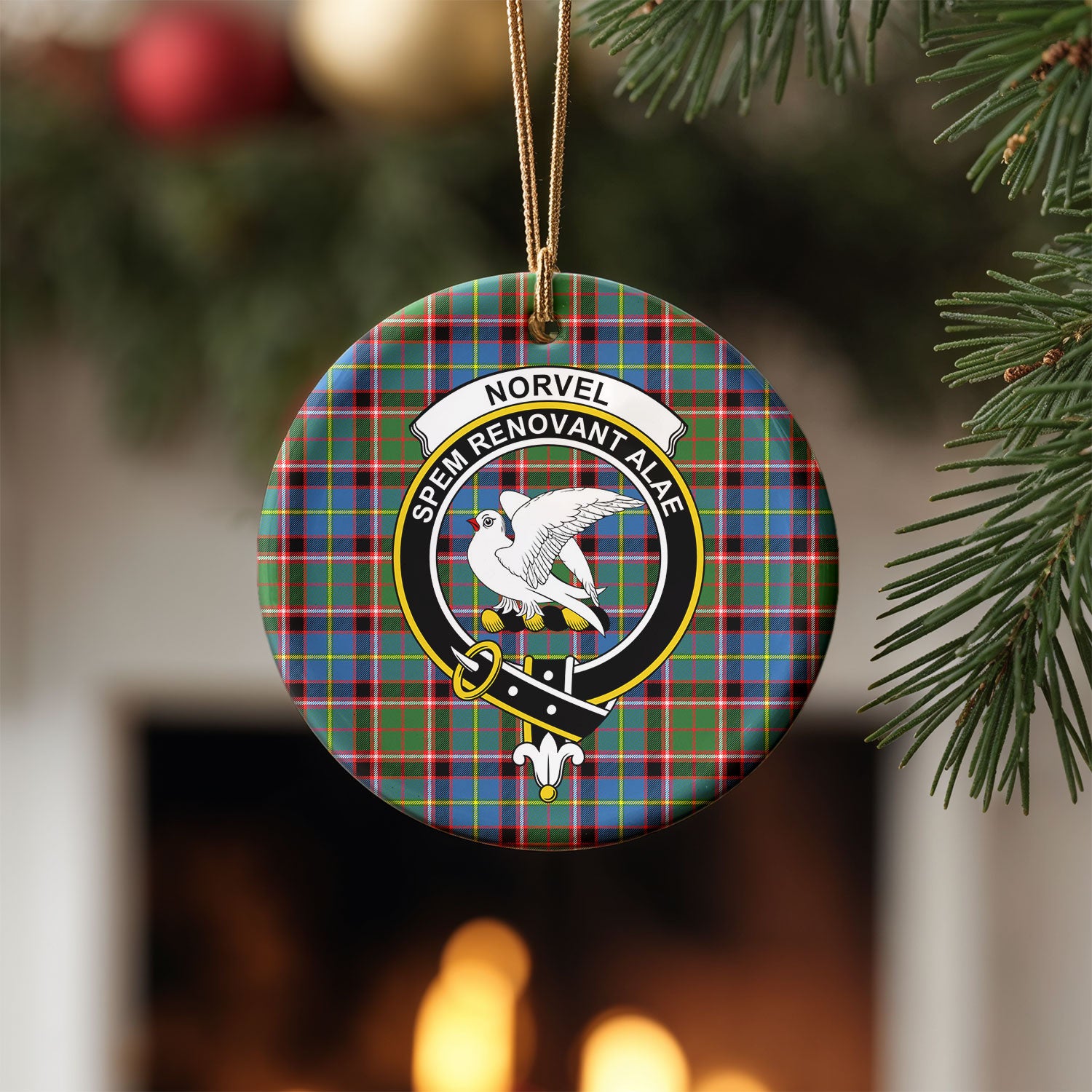 Norvel (or Norvill) Tartan Crest Christmas Ceramic Ornament