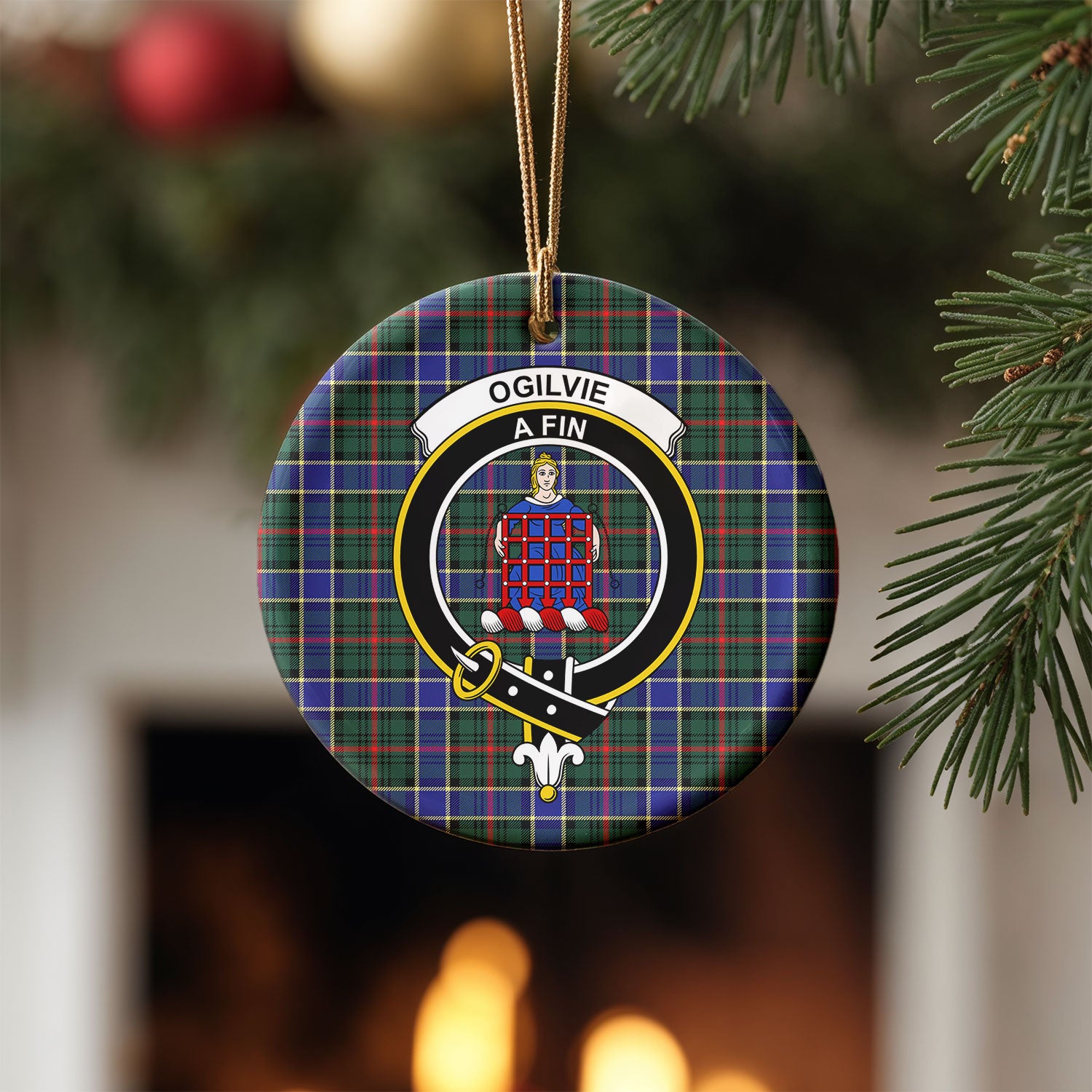 Ogilvie Hunting Modern Tartan Crest Christmas Ceramic Ornament