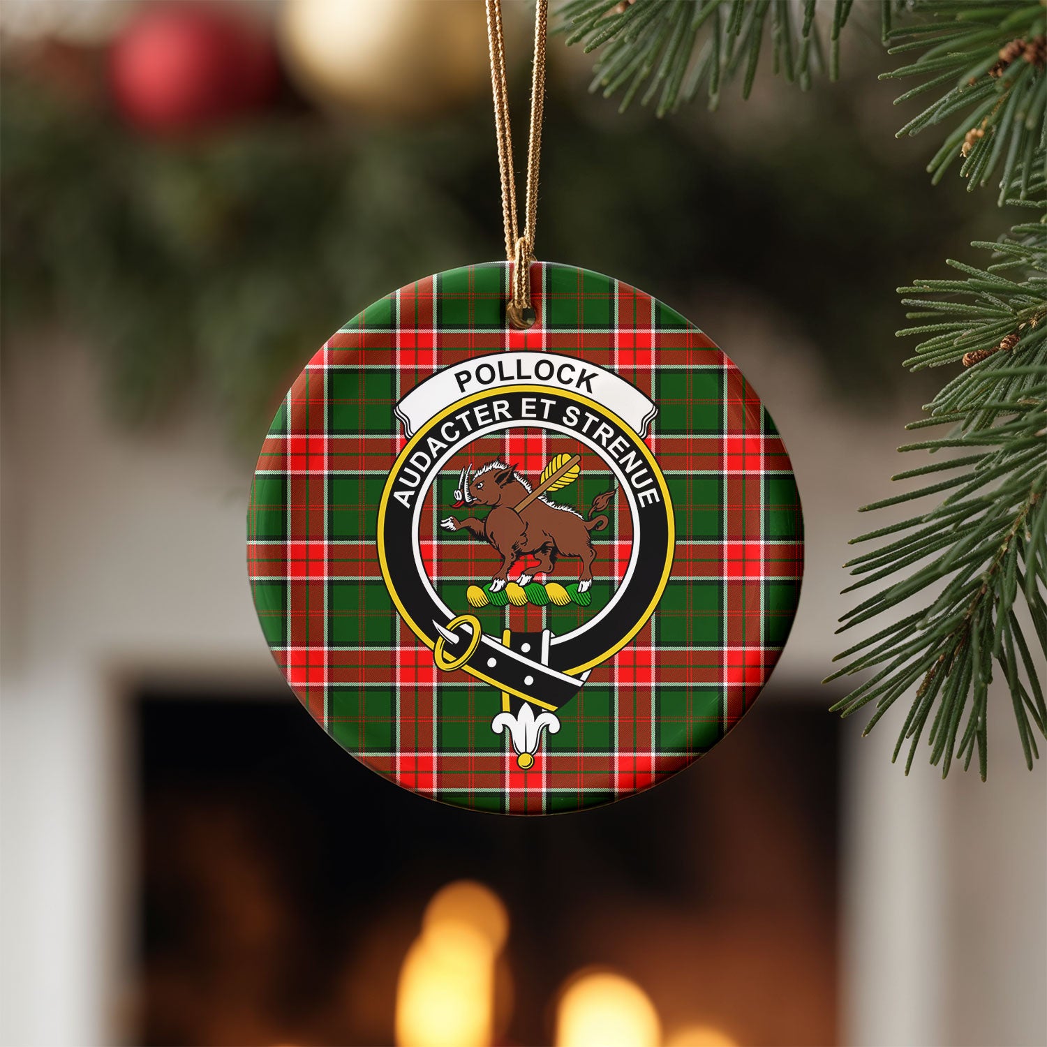 Pollock Tartan Crest Christmas Ceramic Ornament