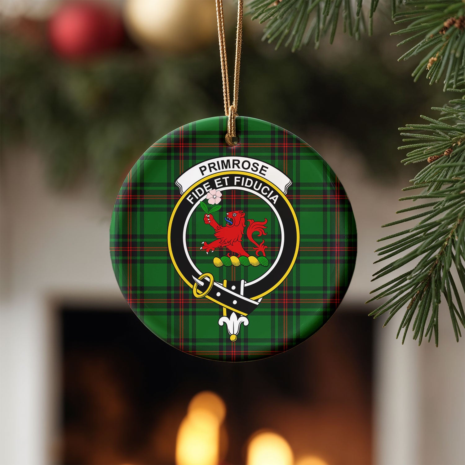 Primrose Tartan Crest Christmas Ceramic Ornament